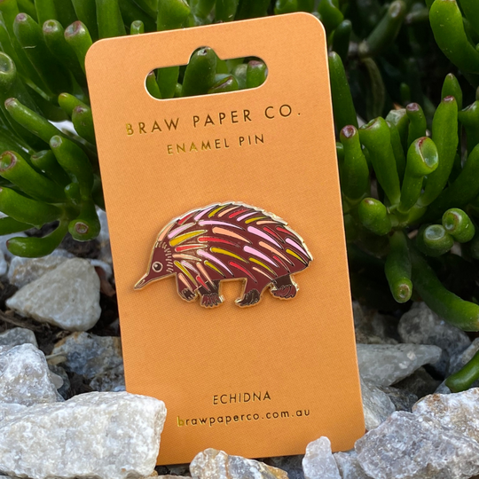 A picture of the Echidna Enamel Pin, adorned with intricate detailing and earthy tones.
