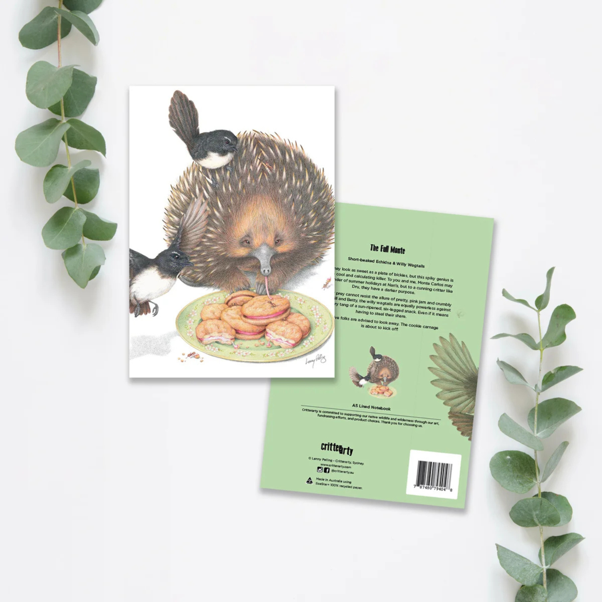 A5 premium lined notebook with 80 pages, luxuriously bound in a silky smooth, full colour cover featuring a Echinda and Willie Wagtail birds.