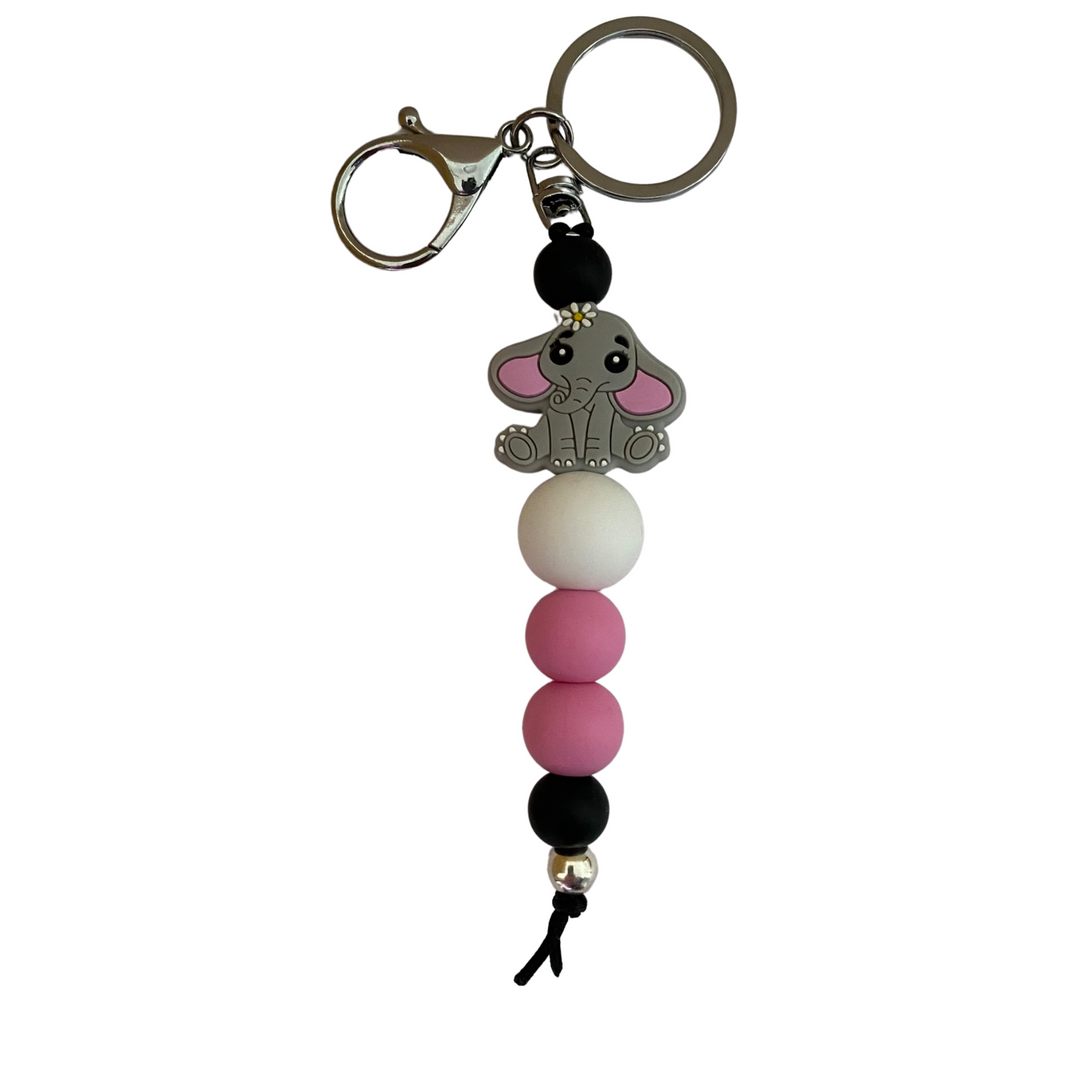 An 18cm keyring featuring an elephant and other round silicone beads.