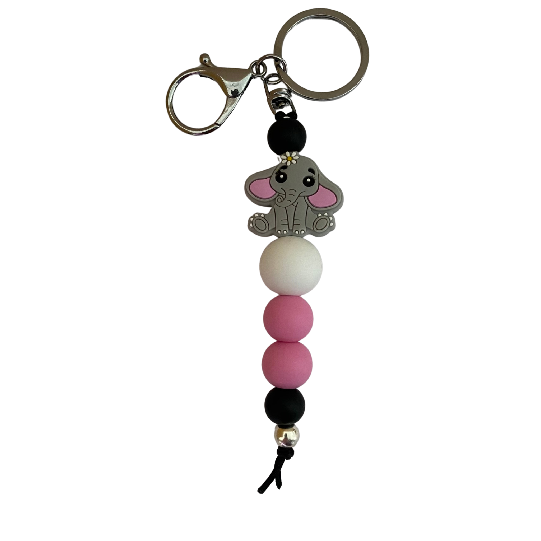 An 18cm keyring featuring an elephant and other round silicone beads.