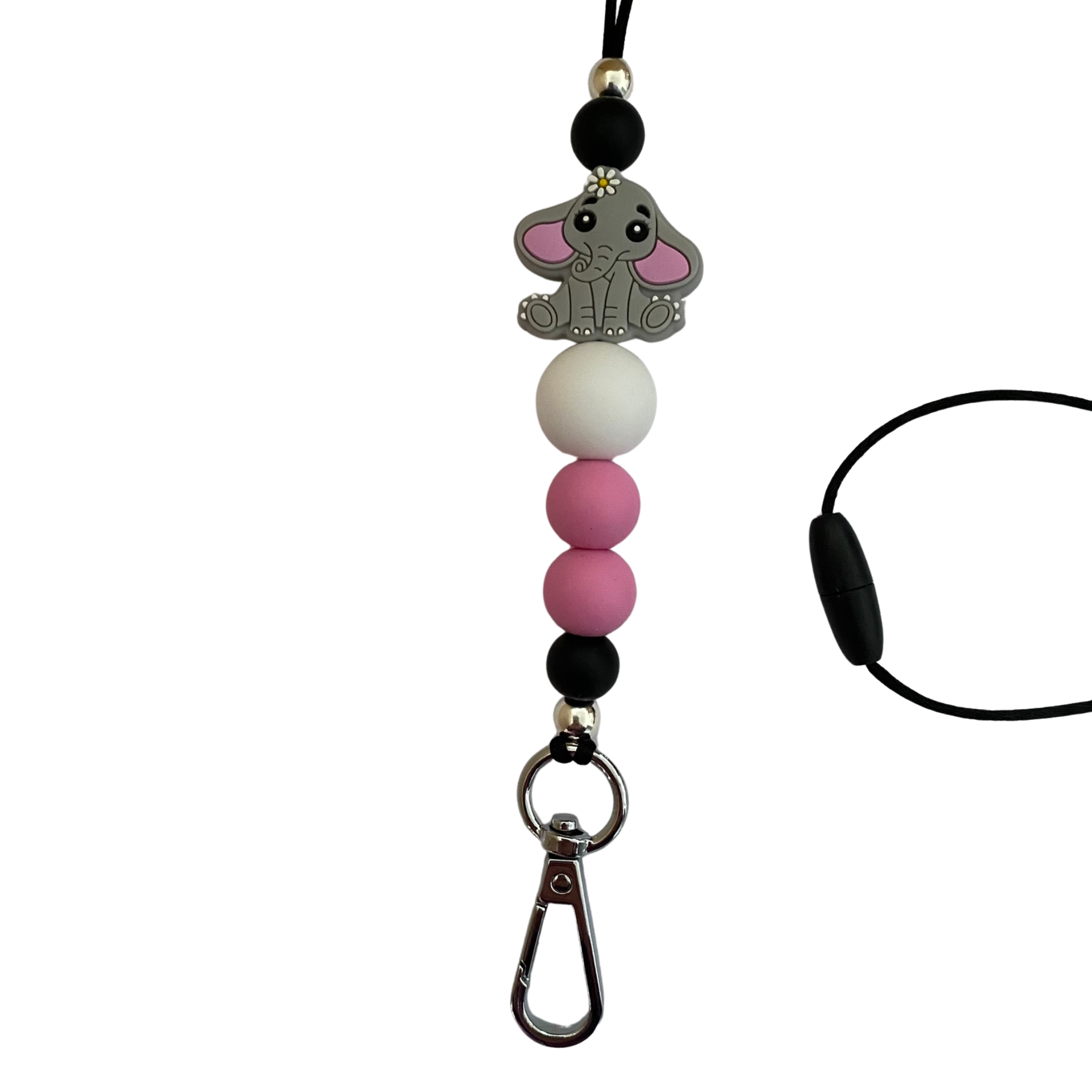 A 60cm lanyard fitted with a safety break away clasp featuring a elephant bead and other coloured round silicone beads.