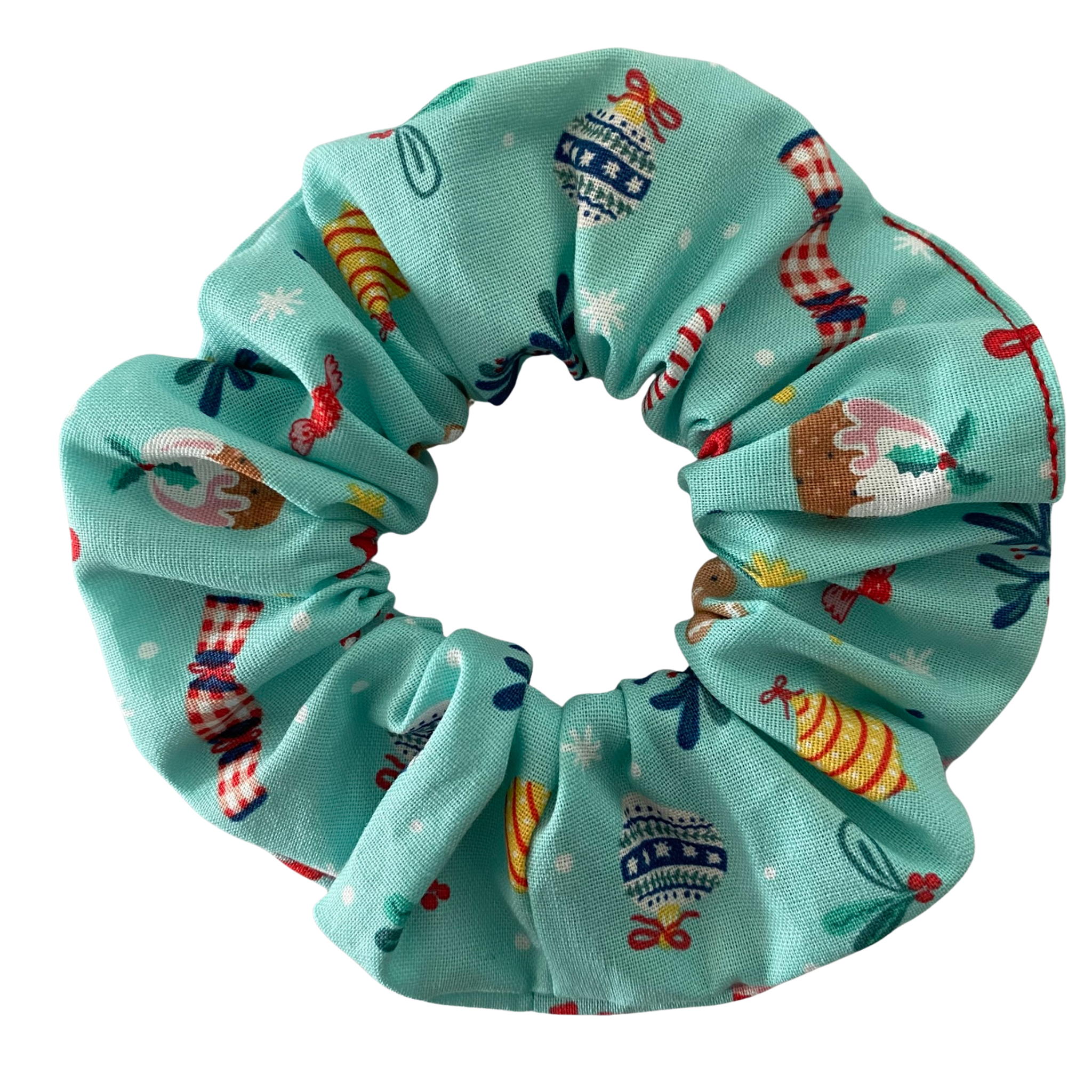Light blue scrunchie with colourful Christmas images on a white background.