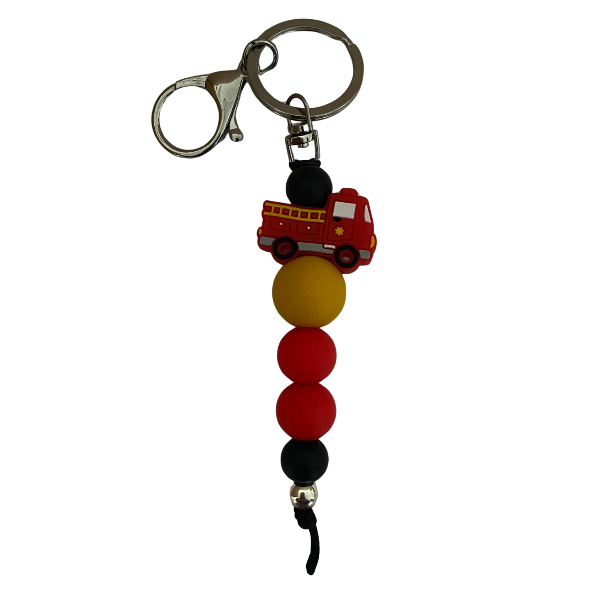 An 18cm keyring featuring a fire engine and other round silicone beads.