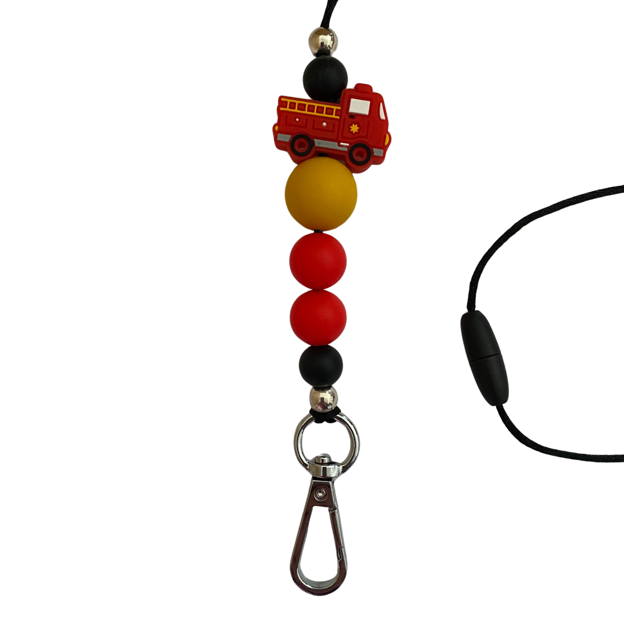 A 60cm lanyard fitted with a safety break away clasp featuring a fire engine silicone bead and other coloured round silicone beads.