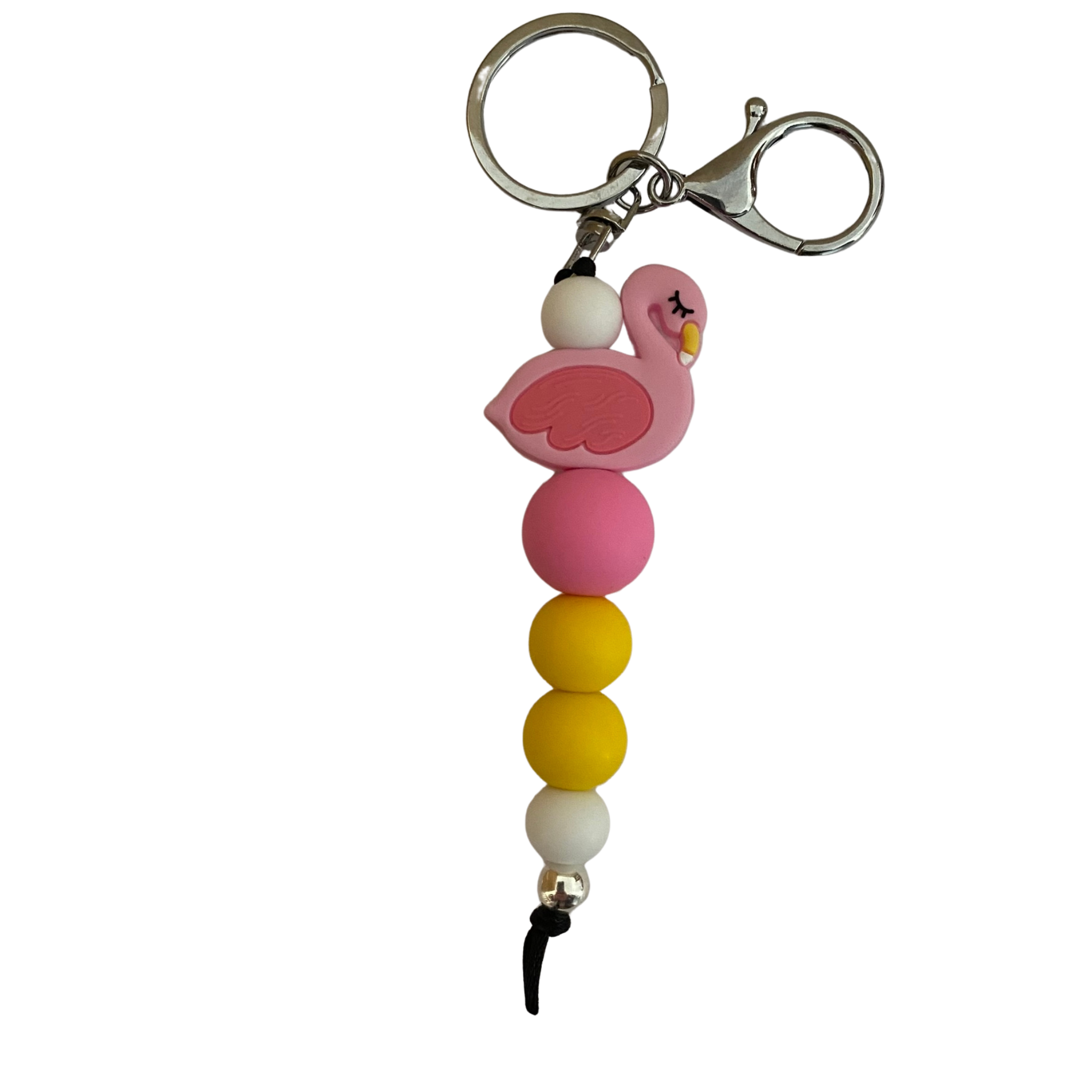 A keyring featuring a pink flamingo silicone bead and other round coloured silicone beads.
