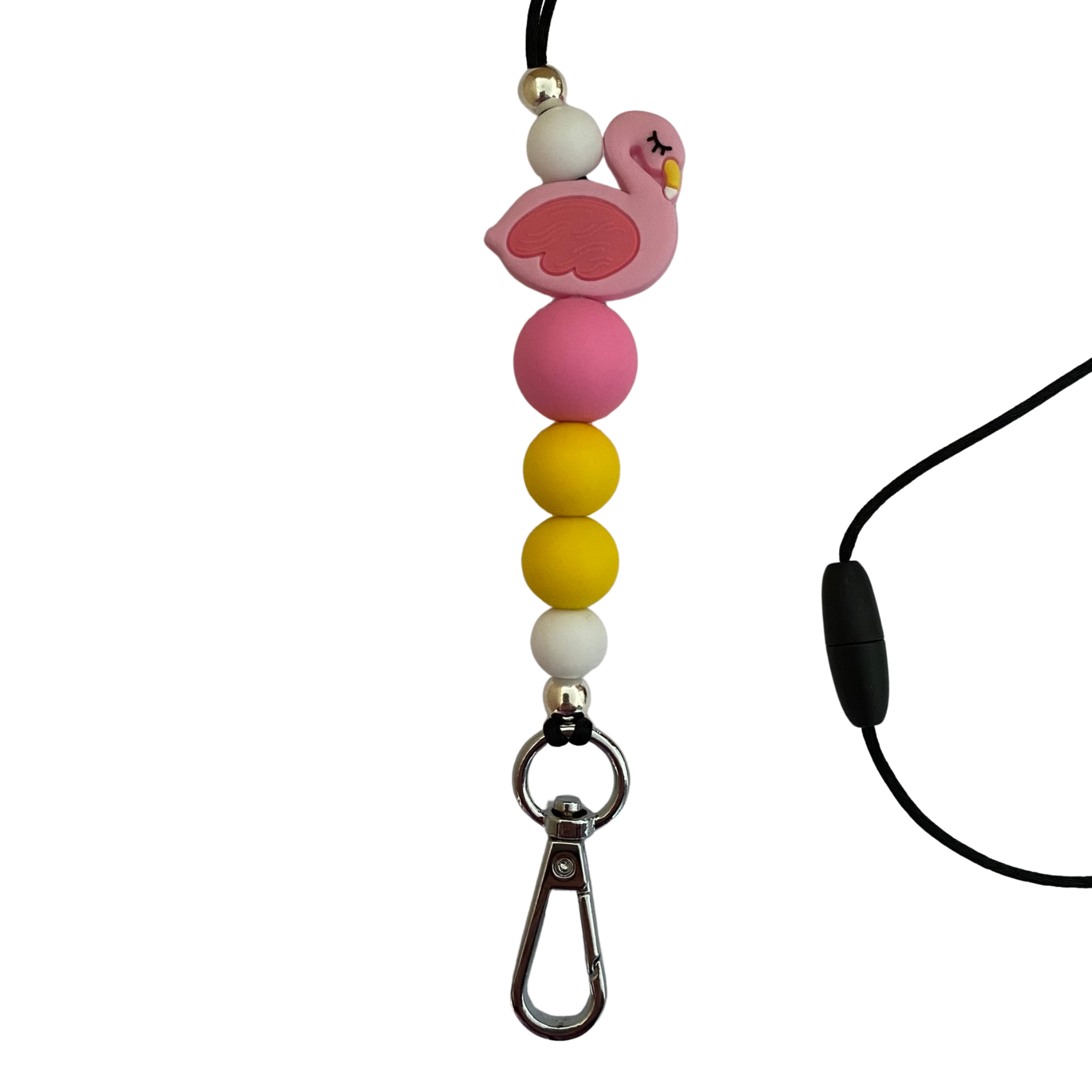 A 60cm lanyard fitted with a safety break away clasp featuring a flamingo bead and other coloured round silicone beads.