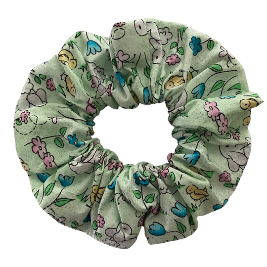 Bunny floral patterned scrunchie on a white background.
