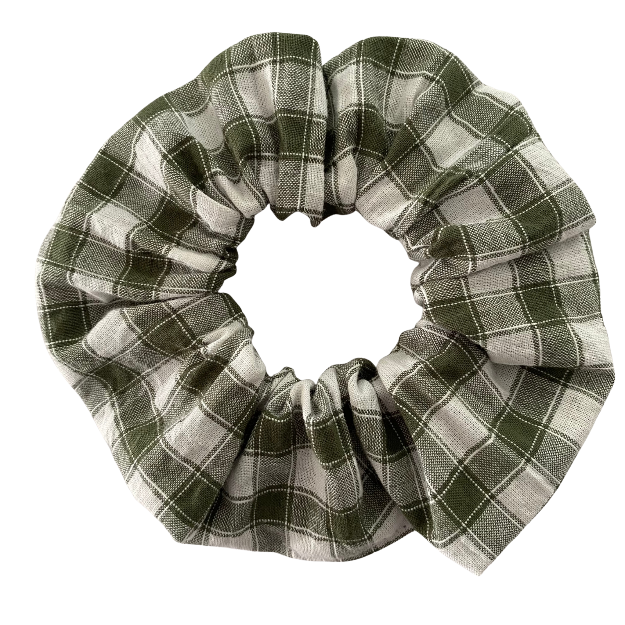 Forest green checkered scrunchie on a white background.