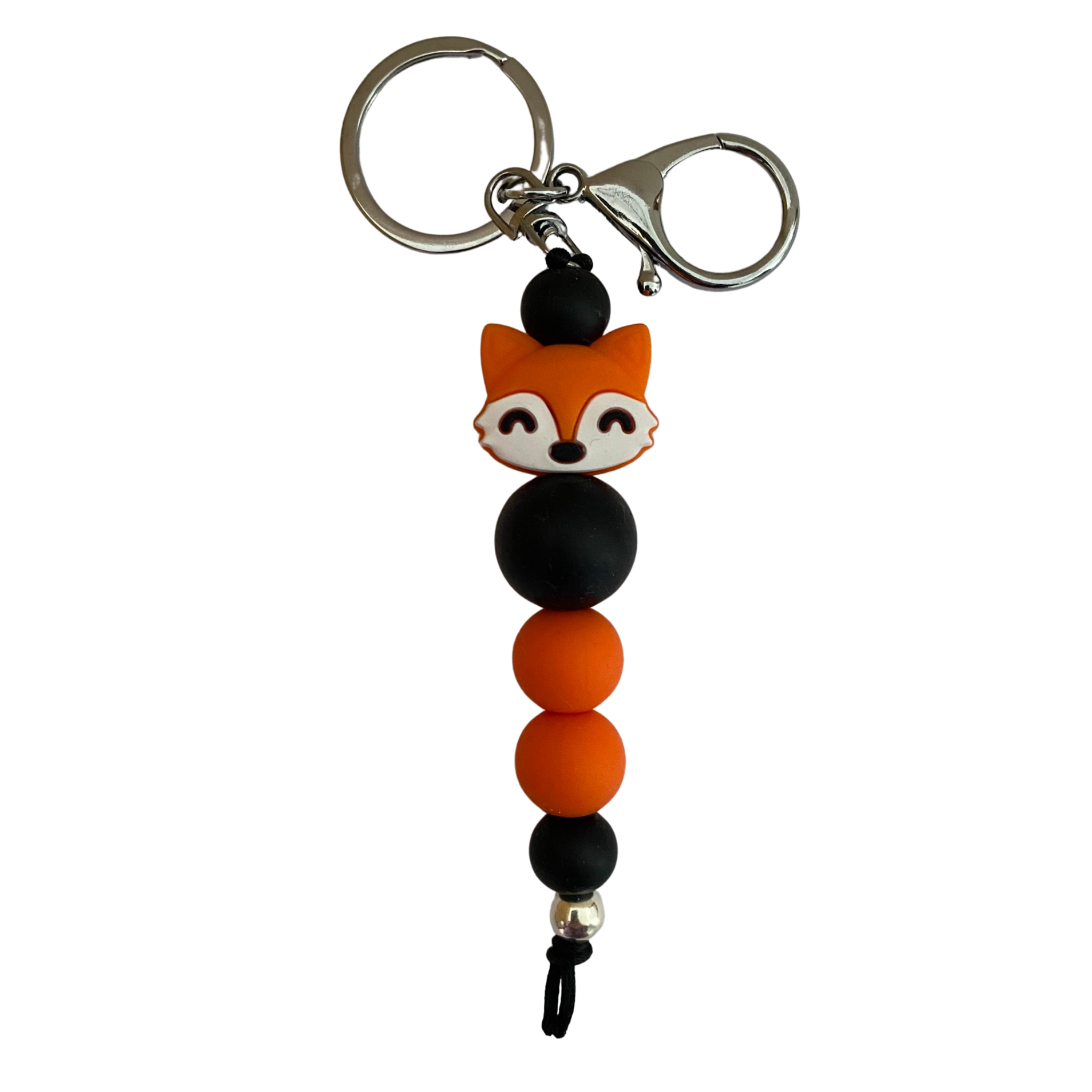 An 18cm keyring featuring a fox silicone bead and other coloured round silicone beads.