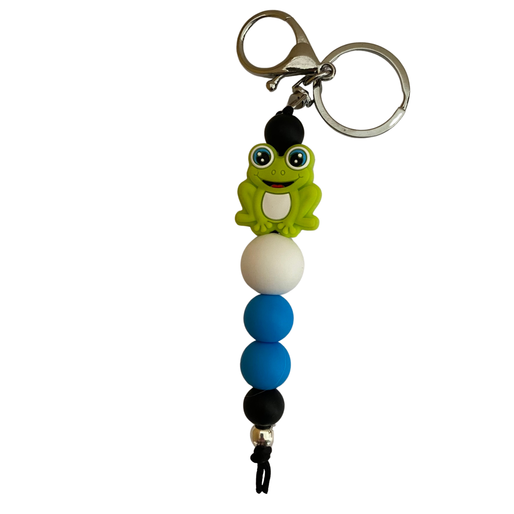 A keyring with a frog silicone bead and other round silicone beads.