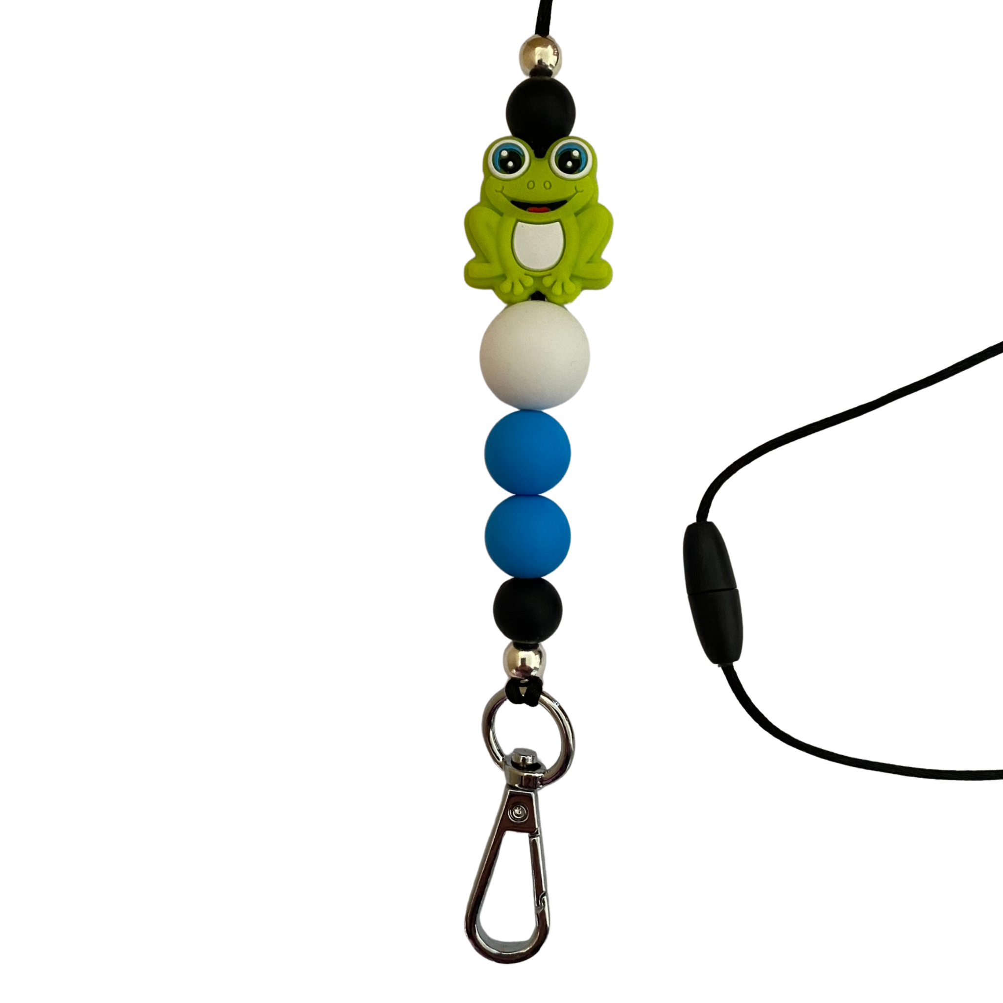 A 60cm lanyard fitted with a safety break away clasp featuring a frog bead and other coloured round silicone beads.