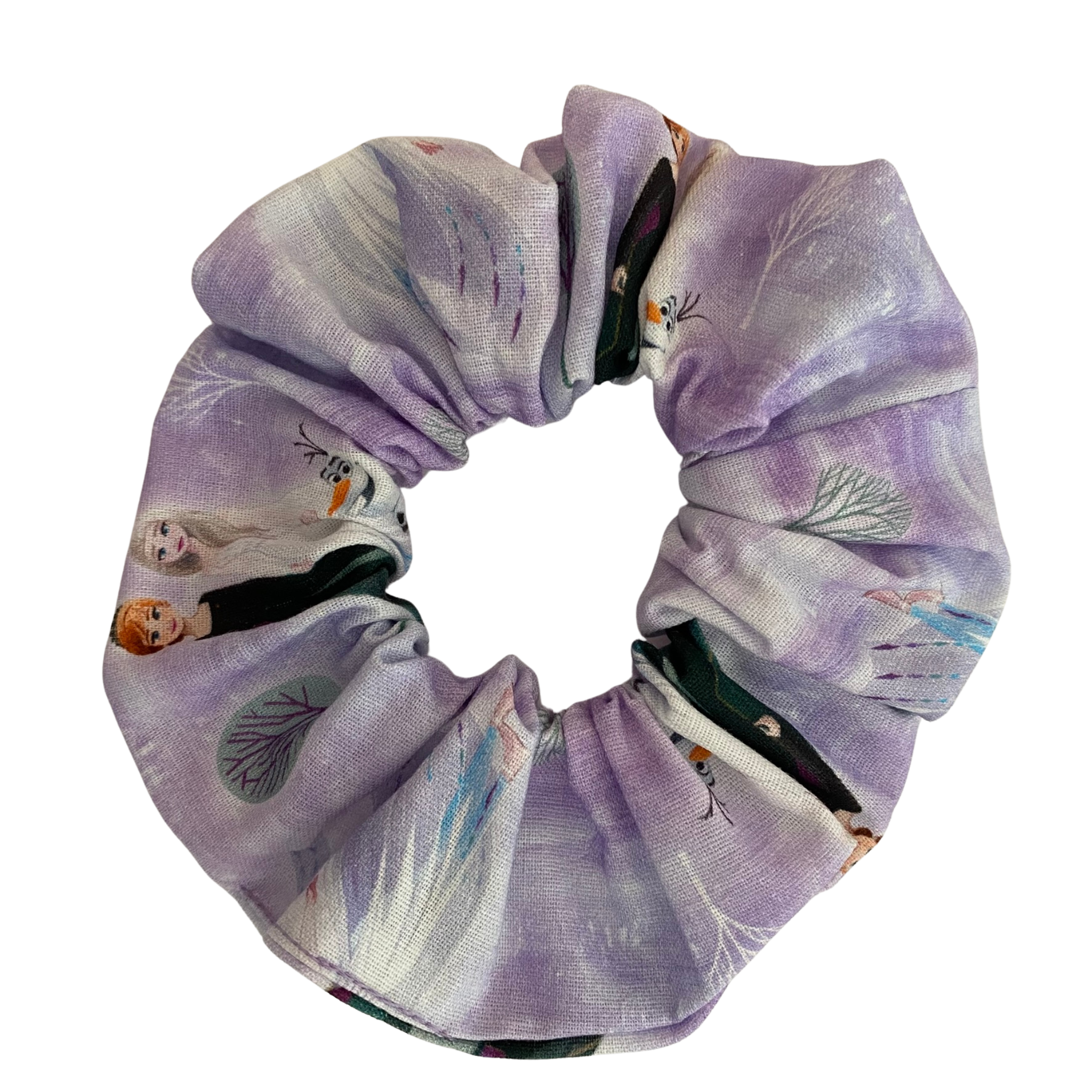 Our Frozen Scrunchie showcases beloved characters Elsa, Anna, and Olaf, featuring durable braided elastic for secure styling.