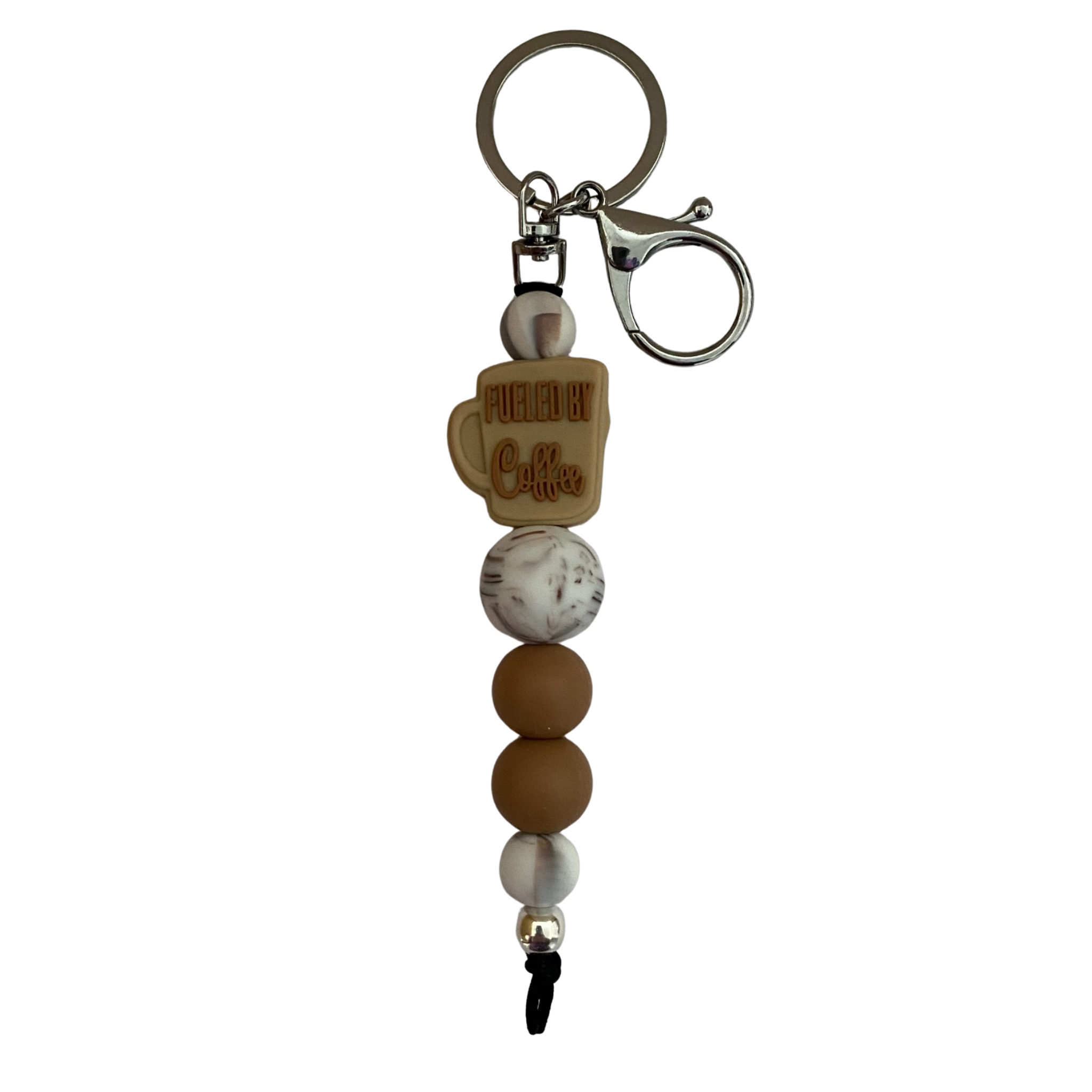 An 18cm keyring with the words fueled by coffee silicone bead and other colourful silicone beads.