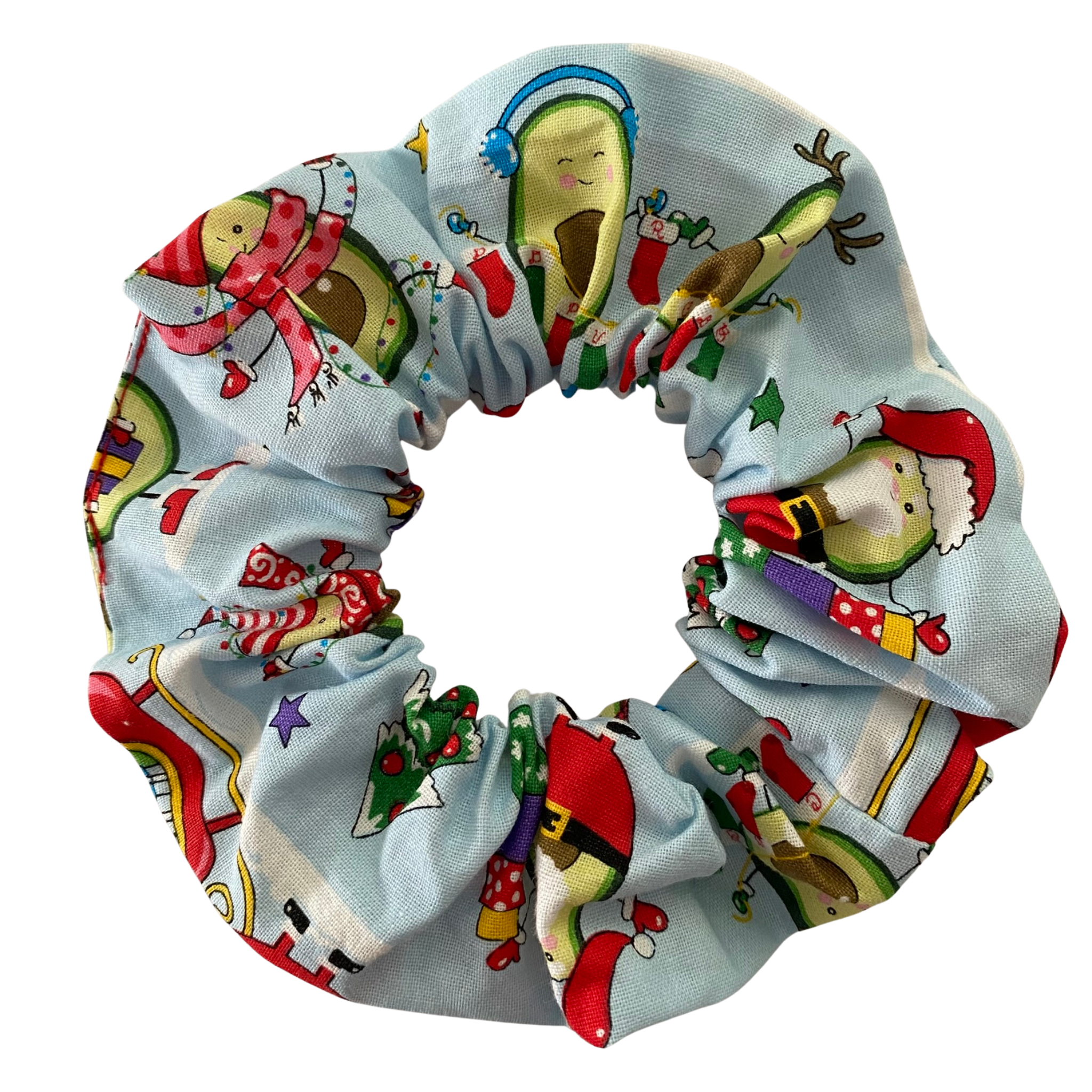 Playful images of avocados dressed in Christmas attire on a light blue fabric.