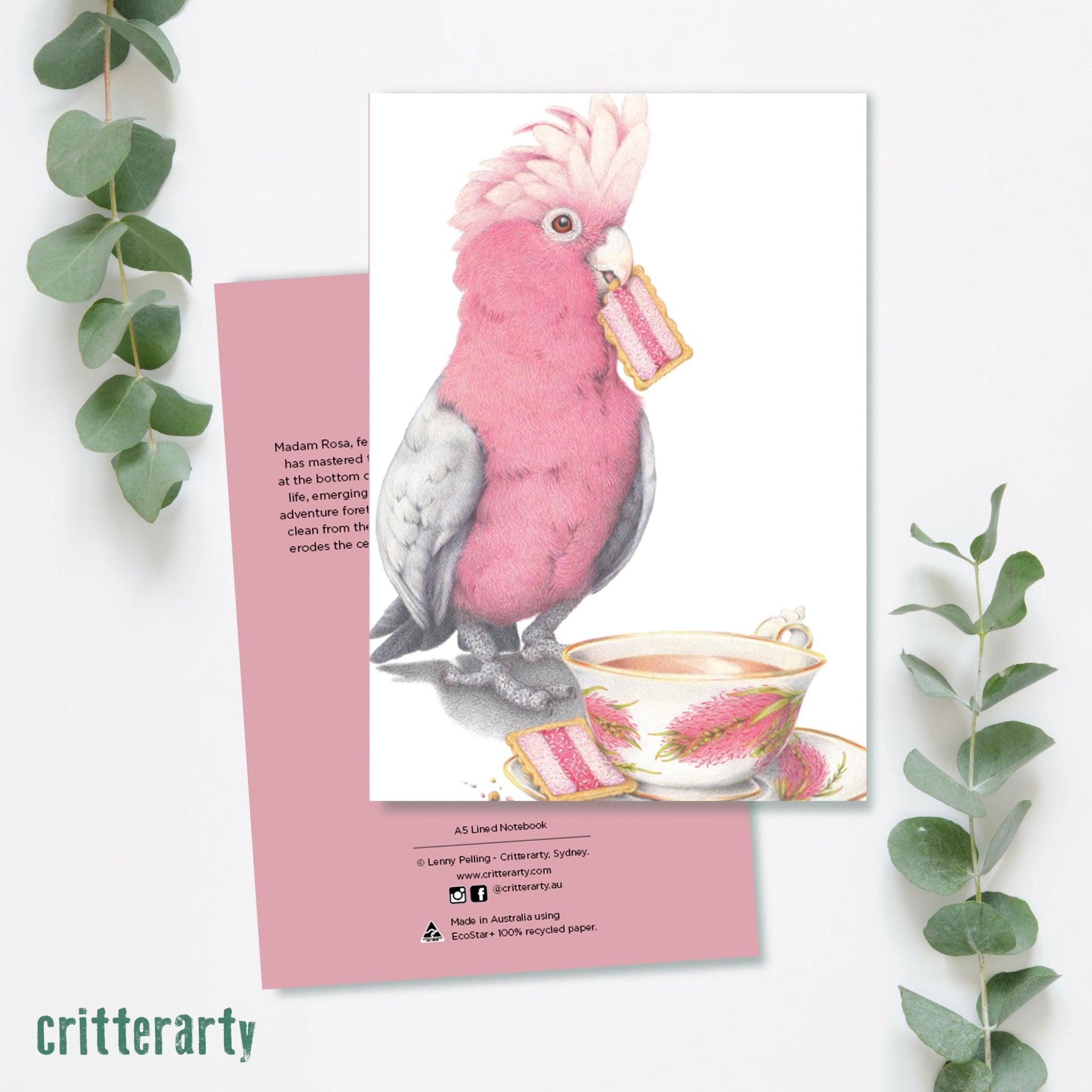A5 premium lined notebook with 80 pages, luxuriously bound in a silky smooth, full colour cover featuring the Galah eating a biscuit.