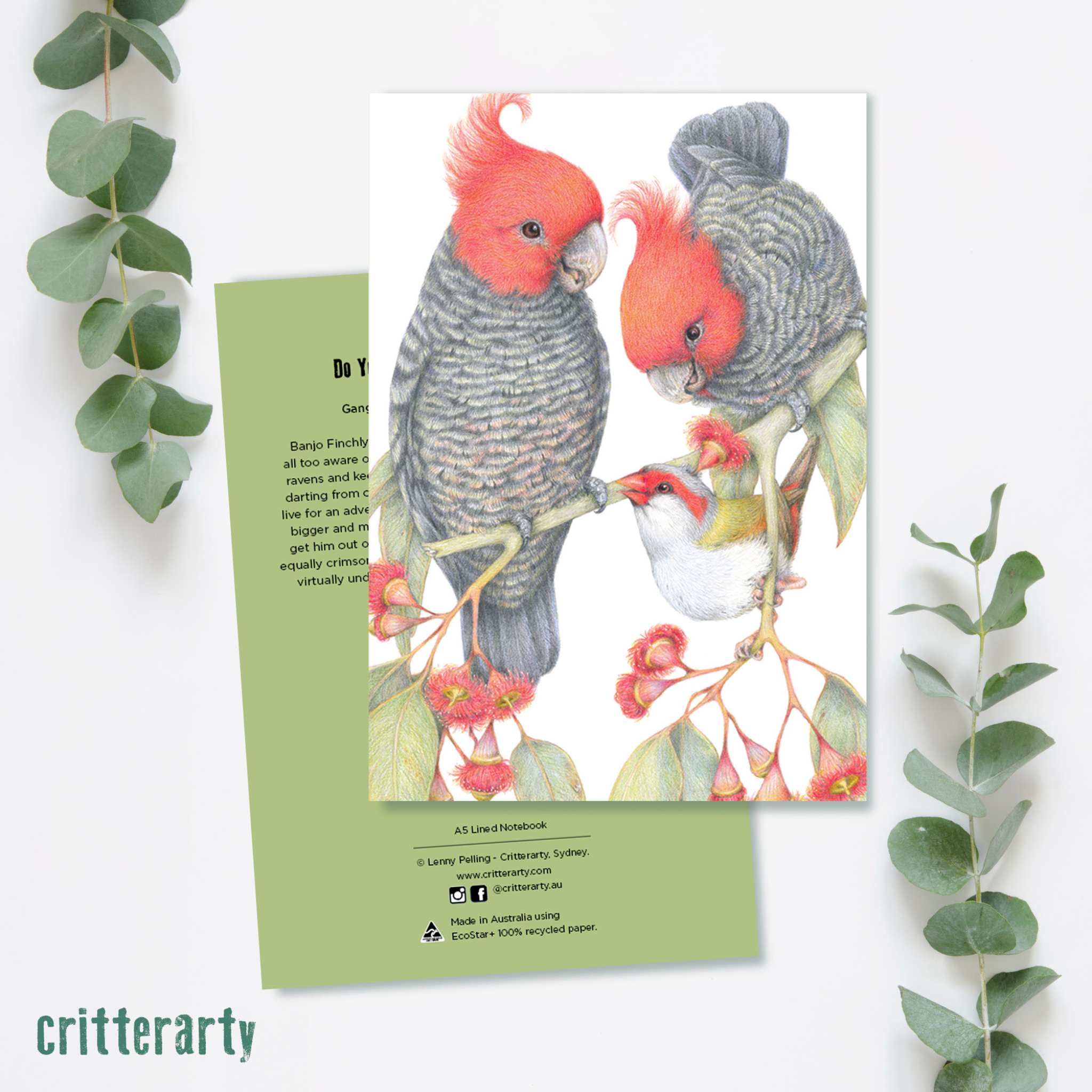 A5 premium lined notebook with 80 pages, luxuriously bound in a silky smooth, full colour cover featuring the a pair of Gang-gang Cockatoos.