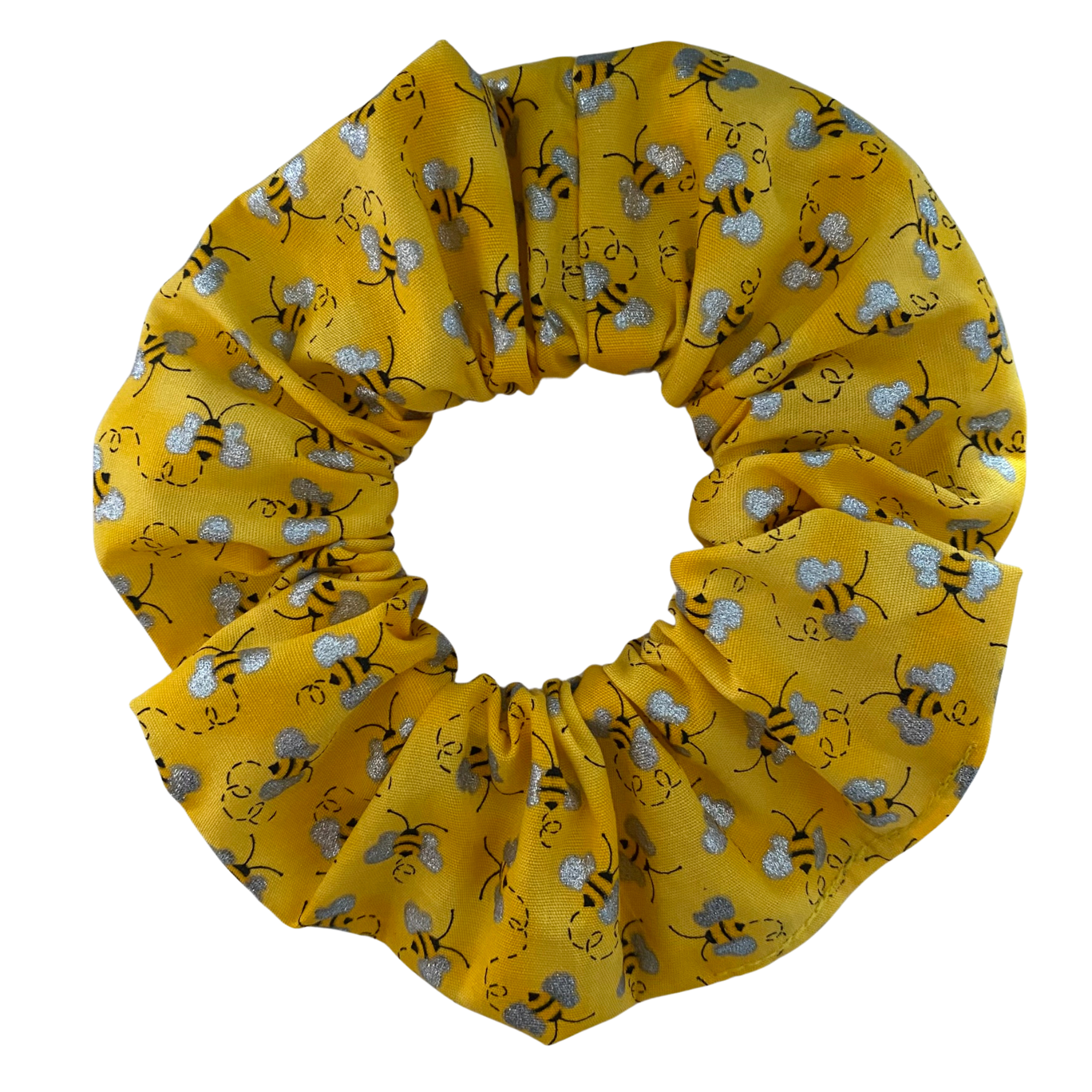 Glitter Bees Scrunchie featuring sparkling bee illustrations on soft cotton poplin; handmade with durable braided elastic—perfect for celebrating World Bee Day.
