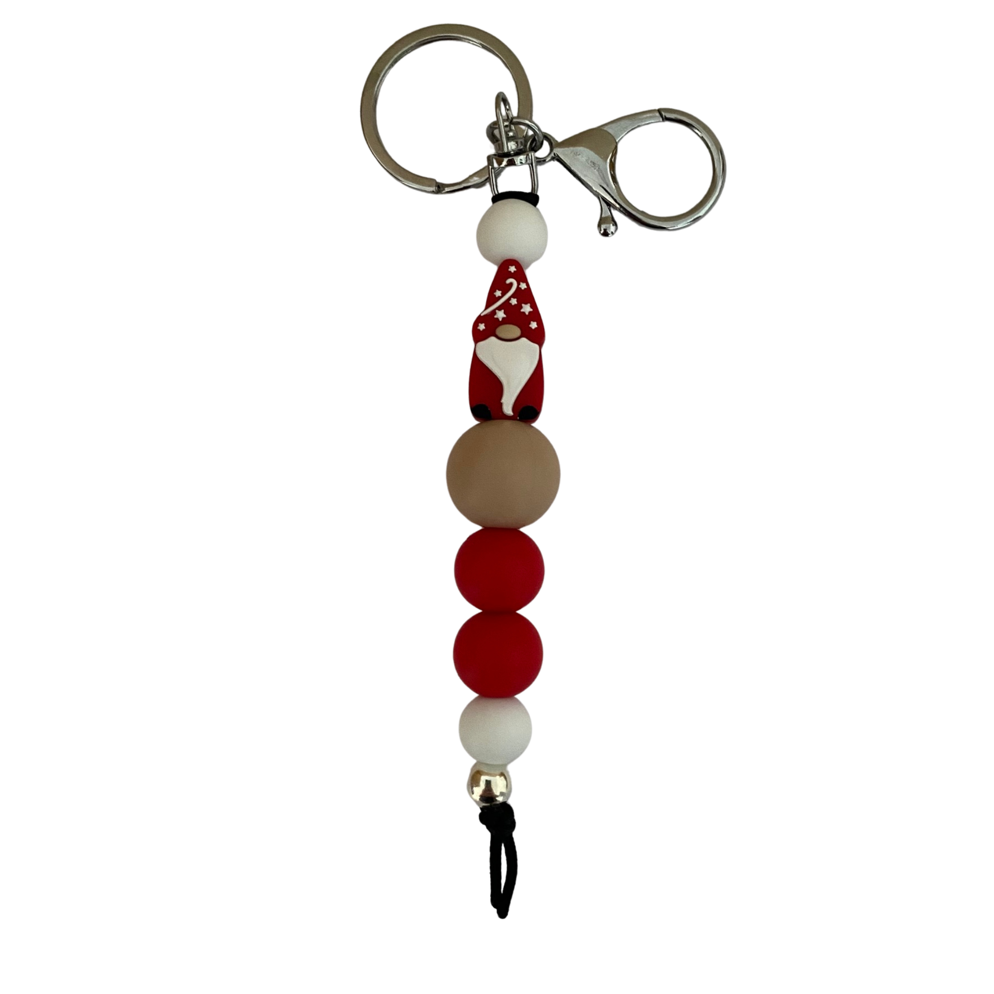 An 18cm keyring featuring a gnome and other round silicone beads.