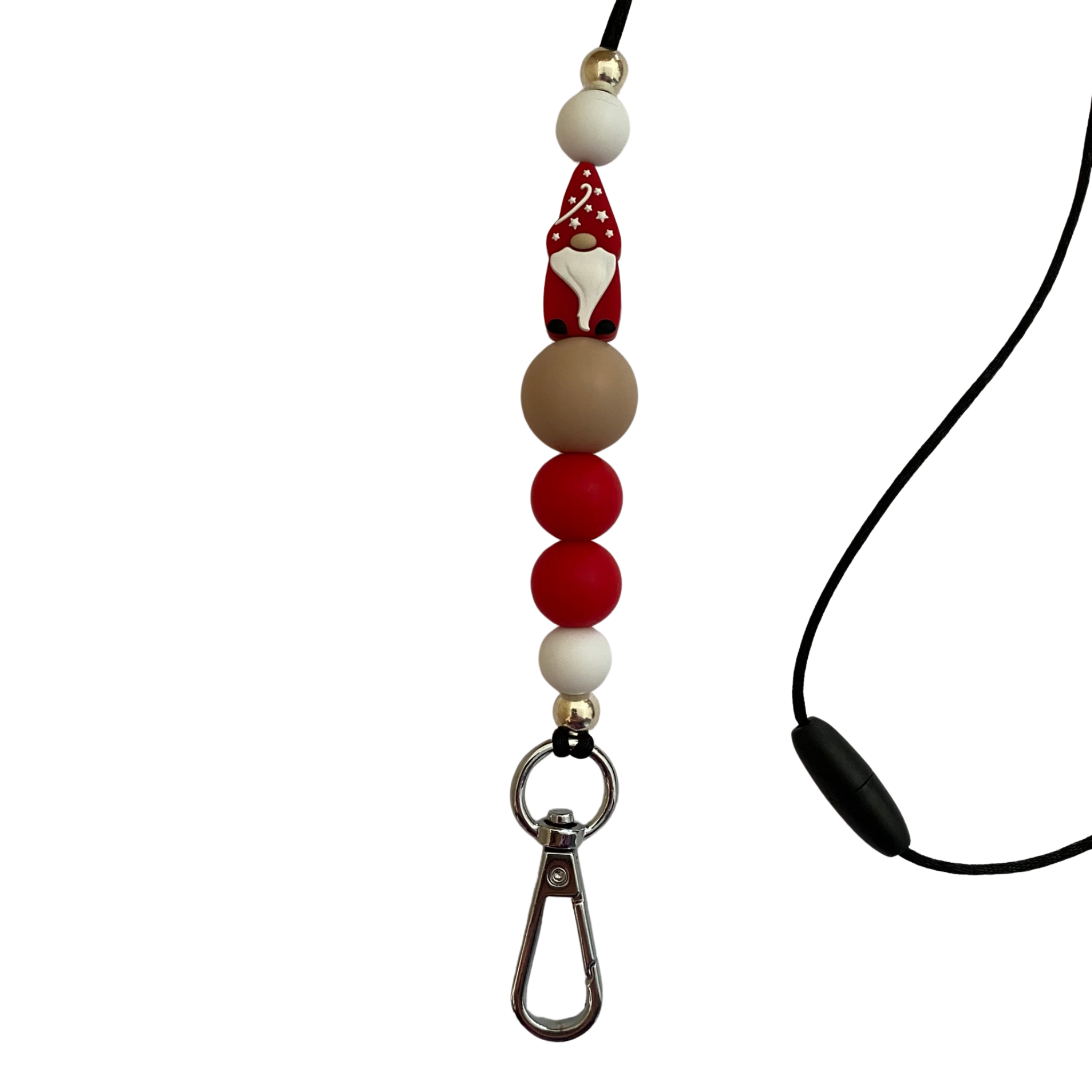 A 60cm lanyard fitted with a safety break away clasp and a cherry red gnome silicone bead and other coloured round silicone beads.