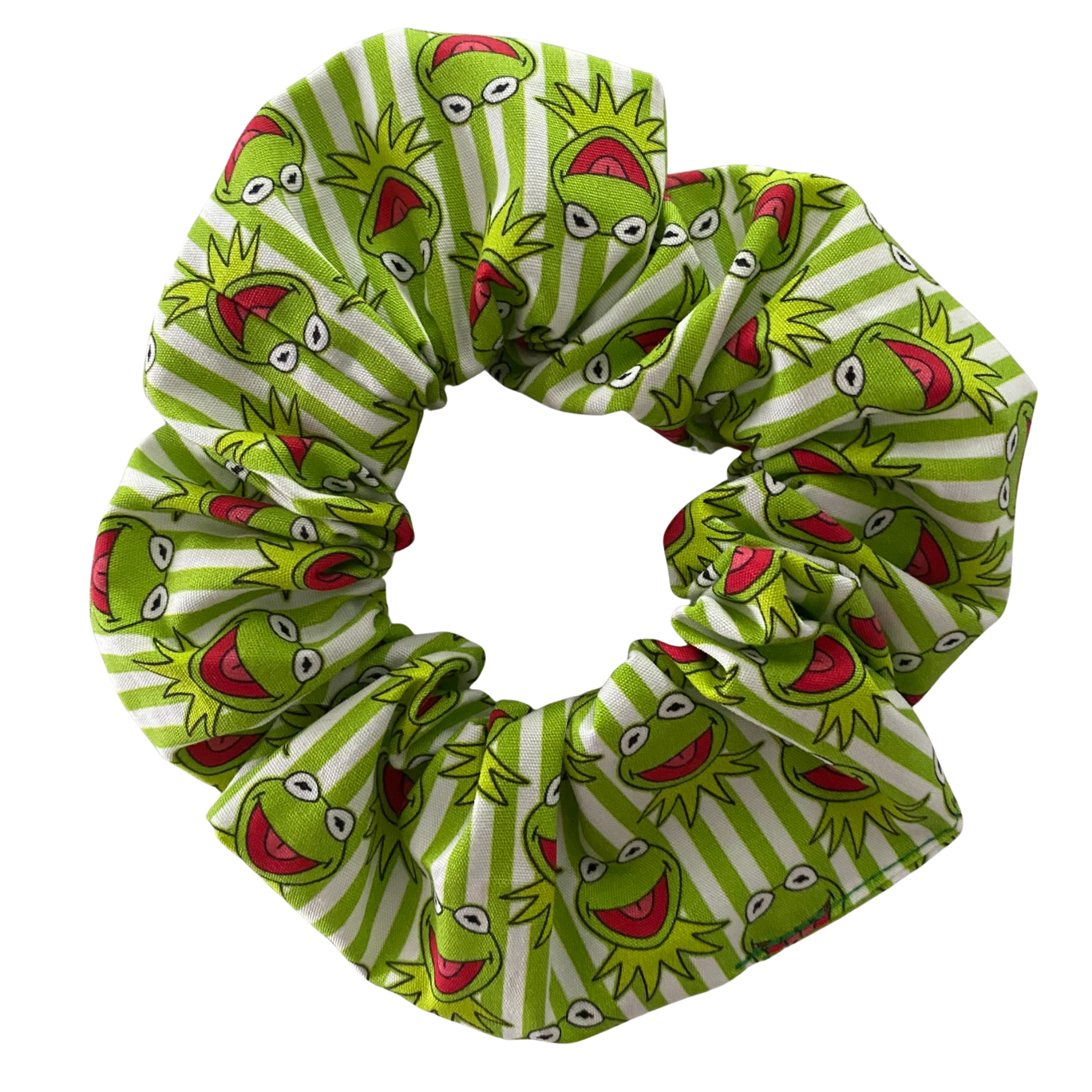 Green and white striped scrunchie with frog face pattern on a white background.