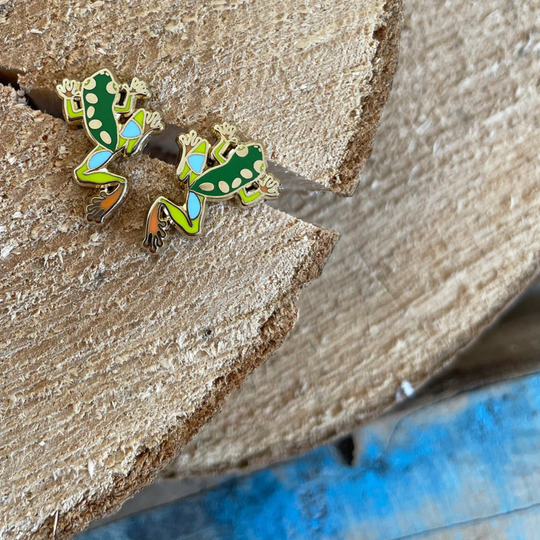 Close up view of green tree frog earrings on wood background.