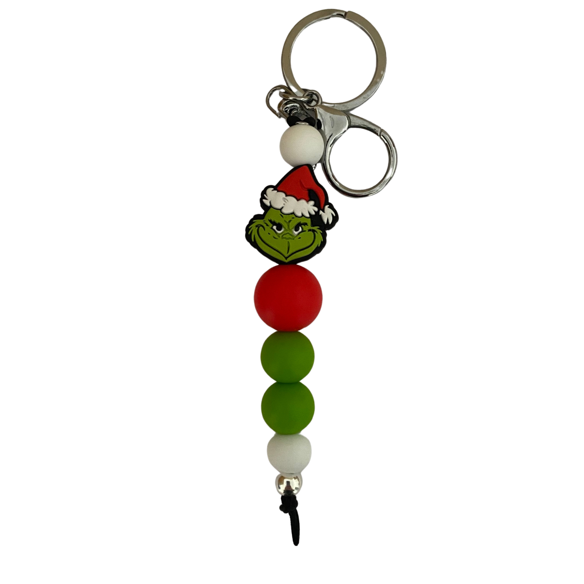 An 18cm keyring featuring the grinch face and other coloured round beads.