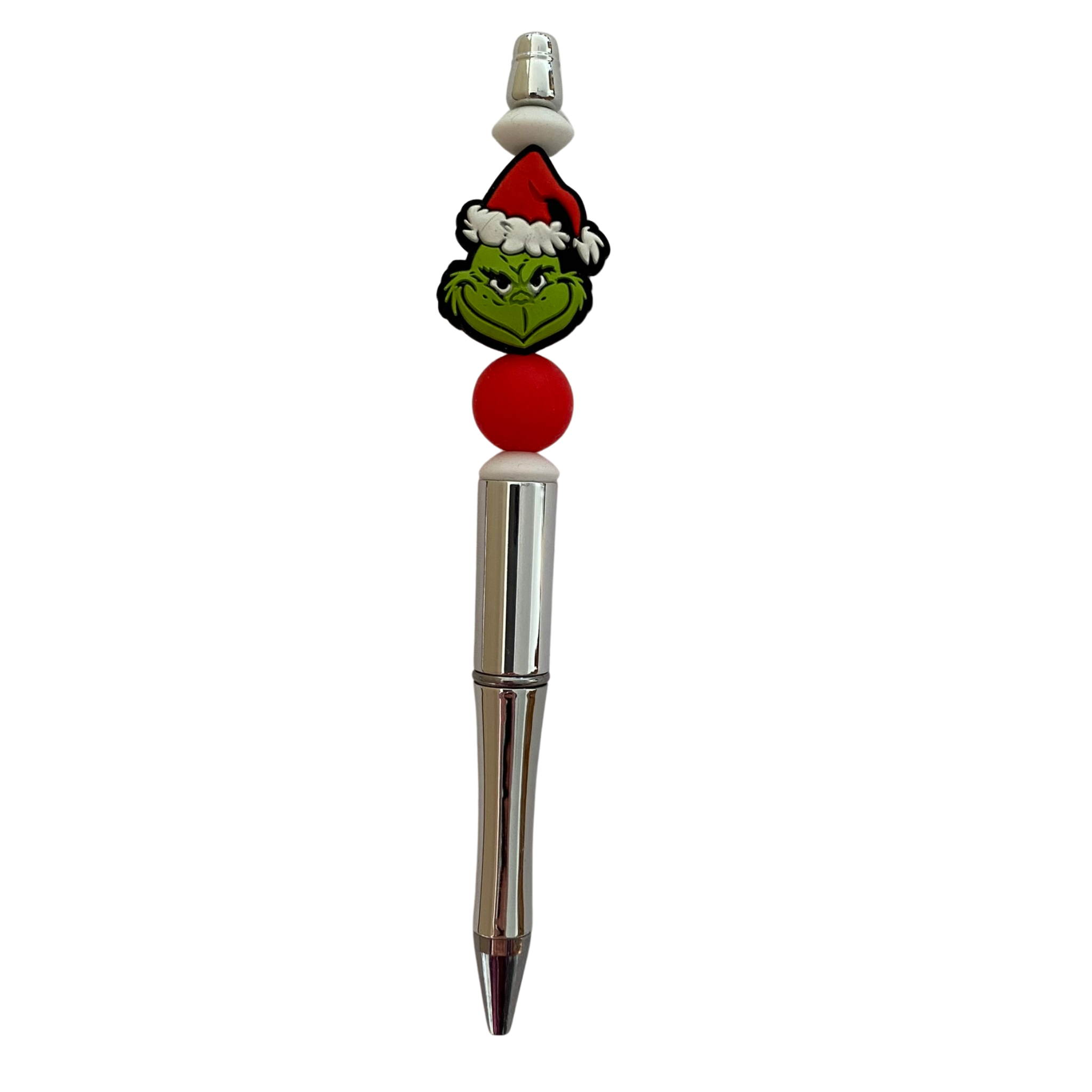 A black ink refillable pen with a colourful Grinch silicone bead on top.