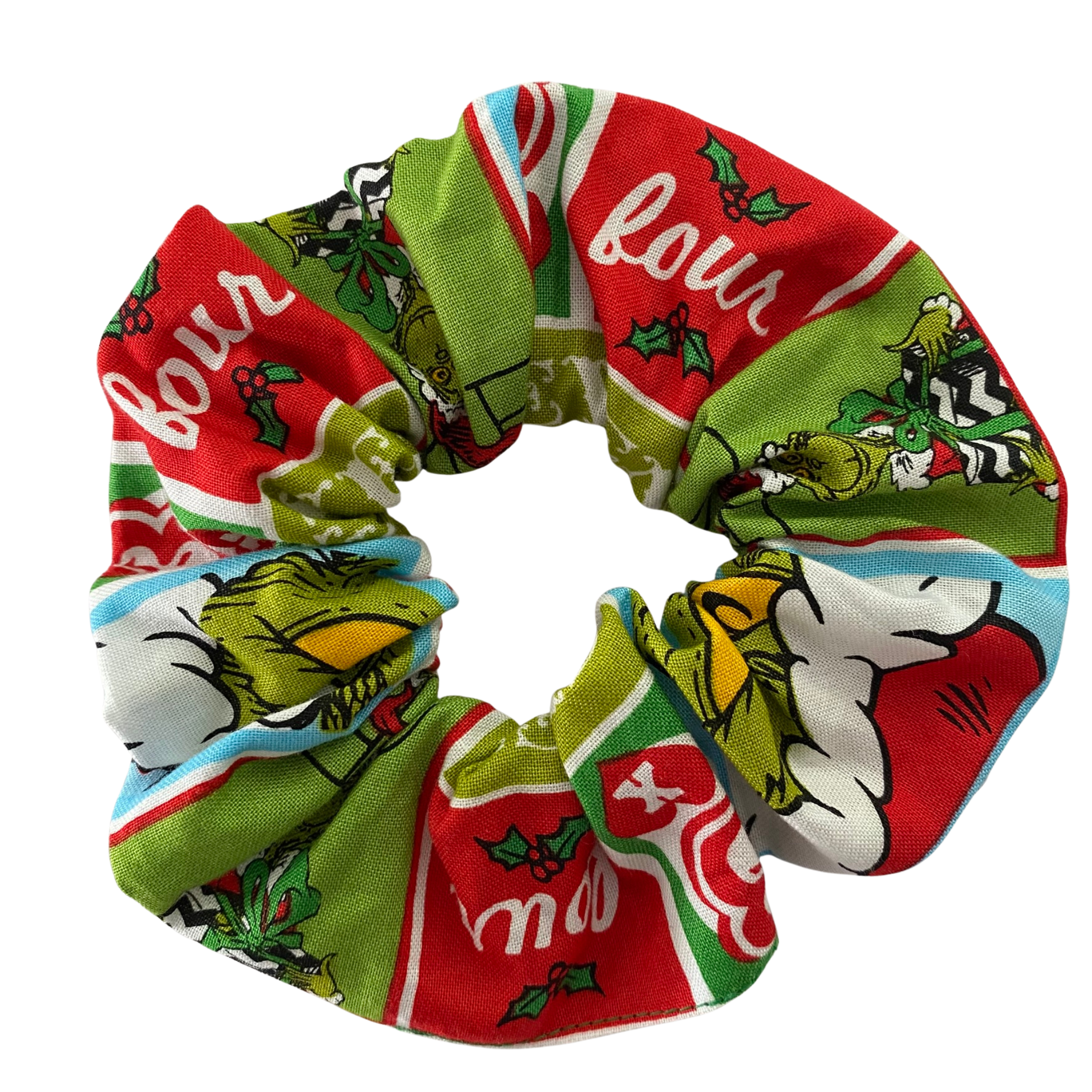 Colourful red and green scrunchie with images of the Grinch.