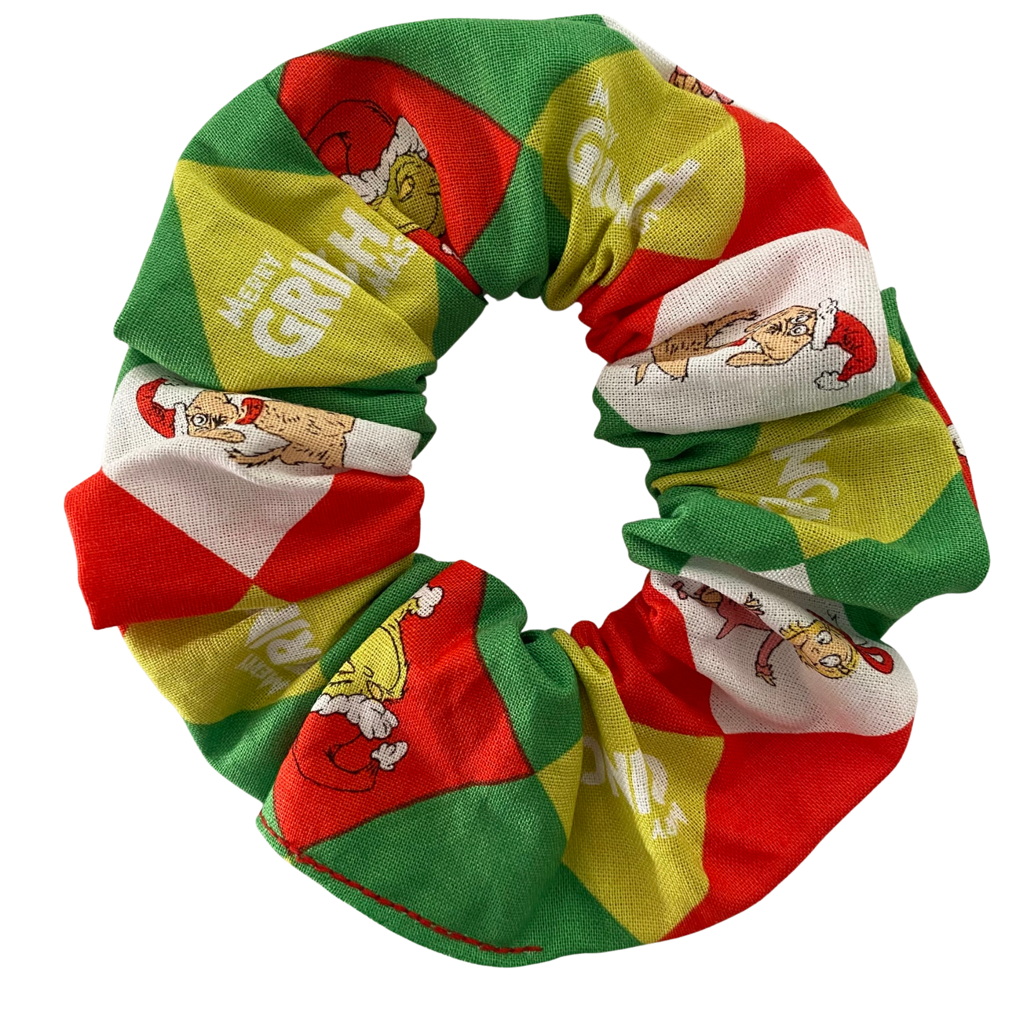 Colourful scrunchie with Grinch character design on a white background.