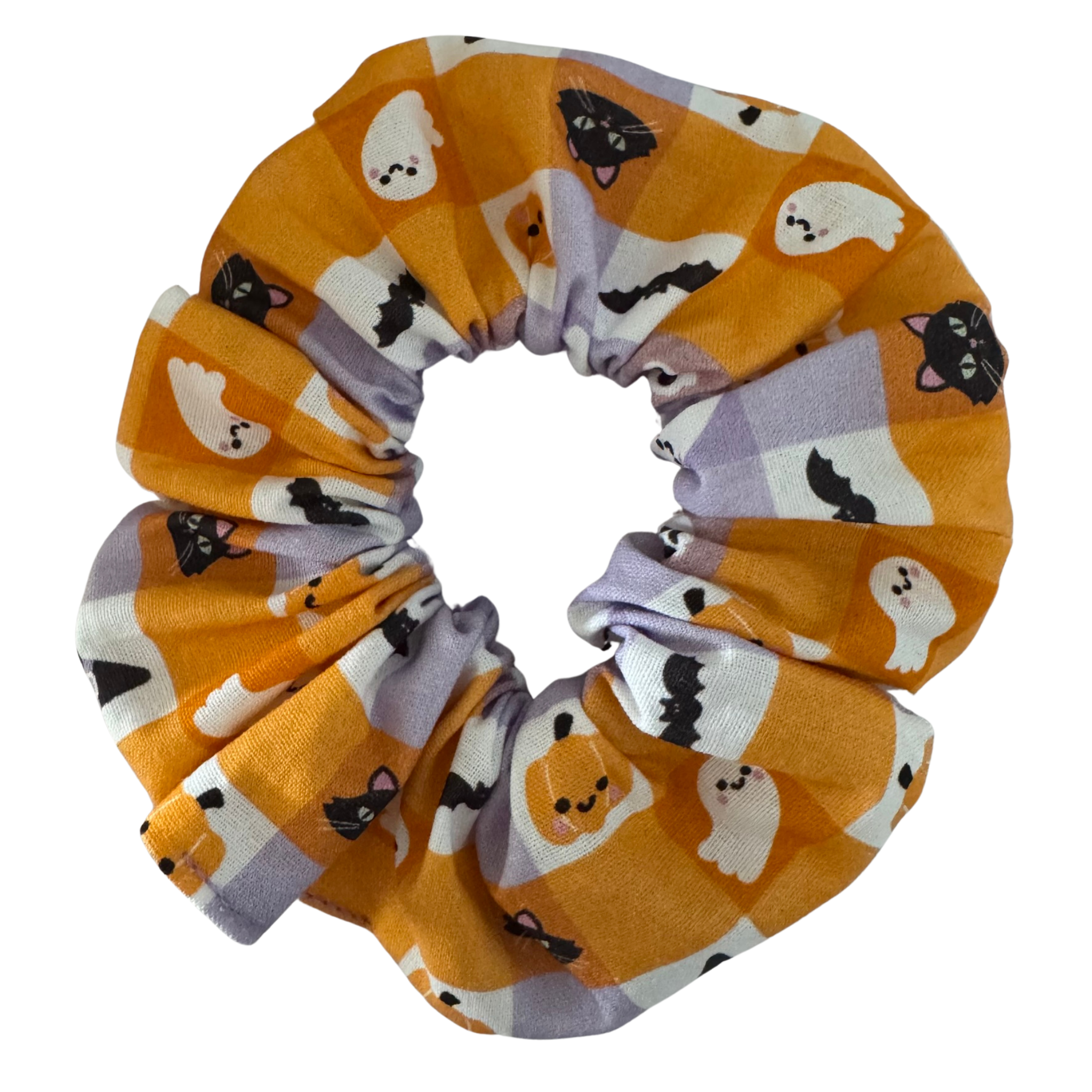 Halloween Cute Spook Mini Check Scrunchie showcases playful illustrations of ghosts, witch hats, black cats, skulls, bats, and pumpkins.