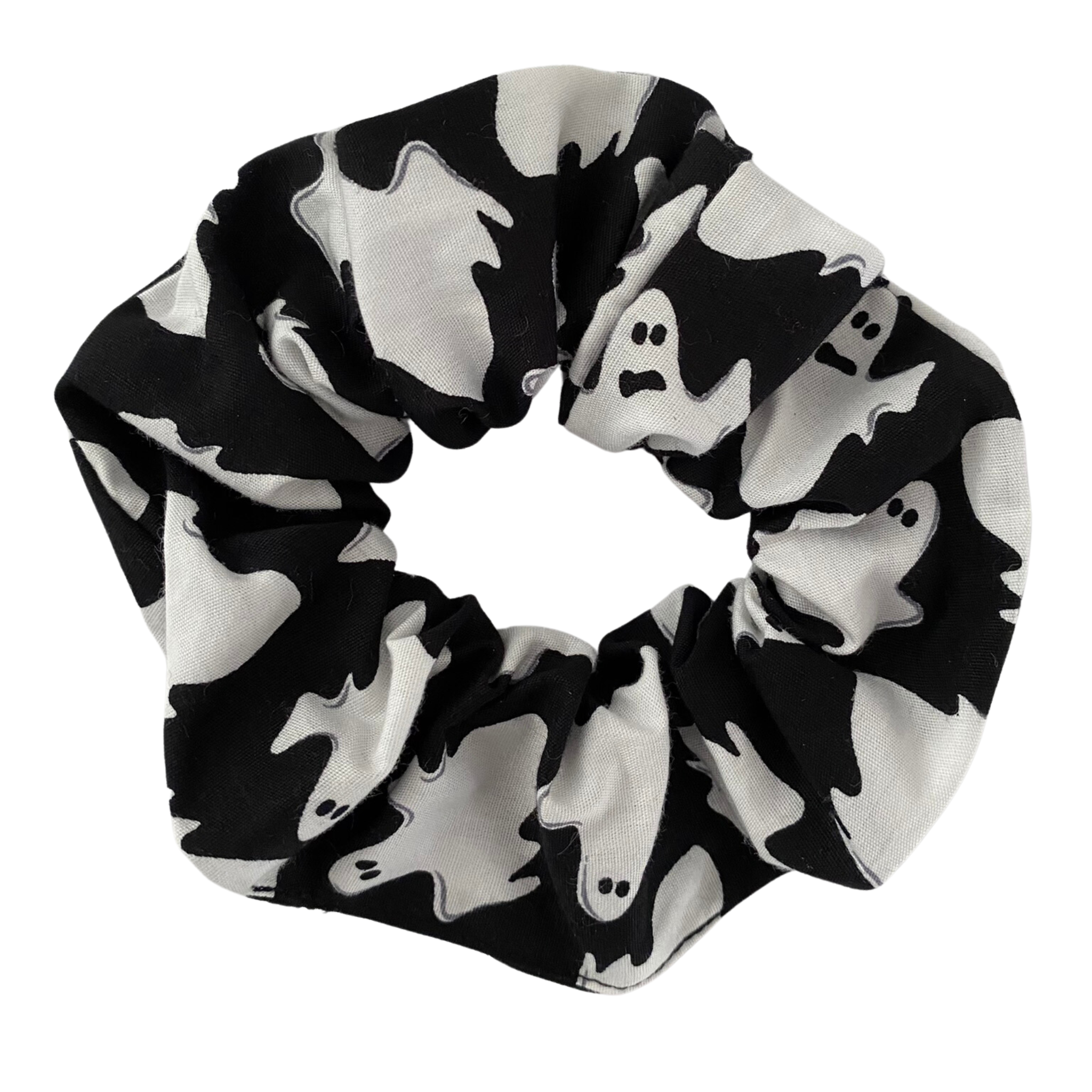 Halloween ghosts scrunchie featuring playful white ghosts on black soft cotton woven fabric.