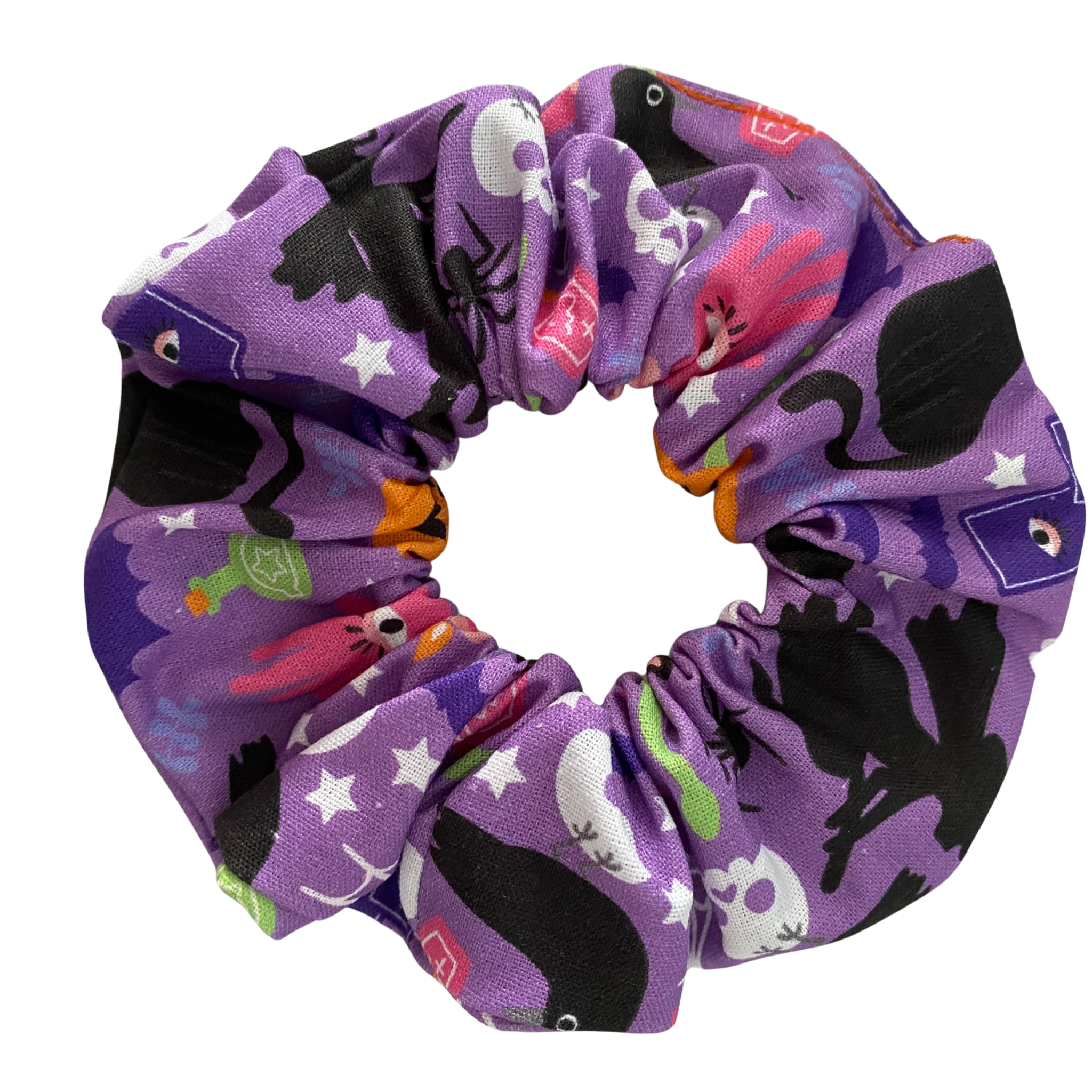 Halloween Black Cat Mix Scrunchie features playful illustrations of Jack O'Lanterns, witches, black cats, spider webs, spiders, ghosts, and skulls, all secured with strong braided elastic. 