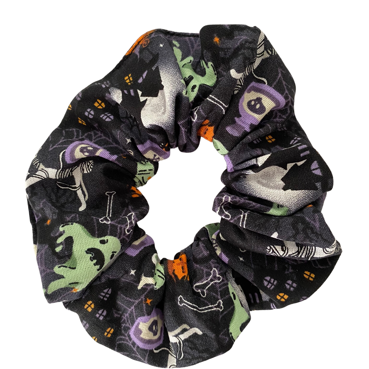 Halloween Scrunchie featuring mummies, bones, potions, haunted houses on black soft cotton woven fabric.