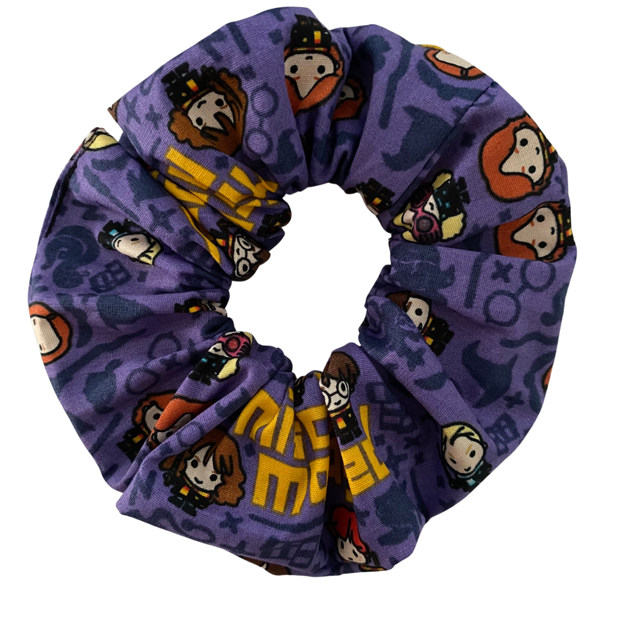 A scrunchie with Harry Potter characters and the words Mischief Managed on dark purple fabric.