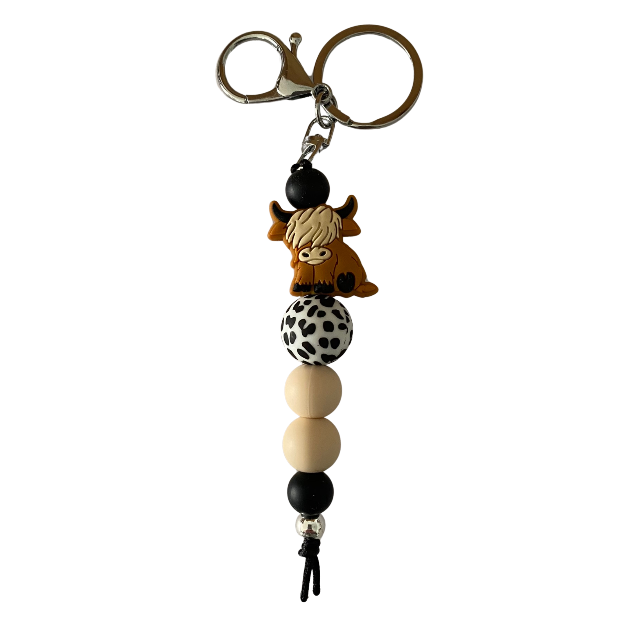 Tan Highland Cow silicone bead keyring with coloured silicone beads, a 10mm aluminum bead, and durable nylon cord. Perfect for keys or bags.