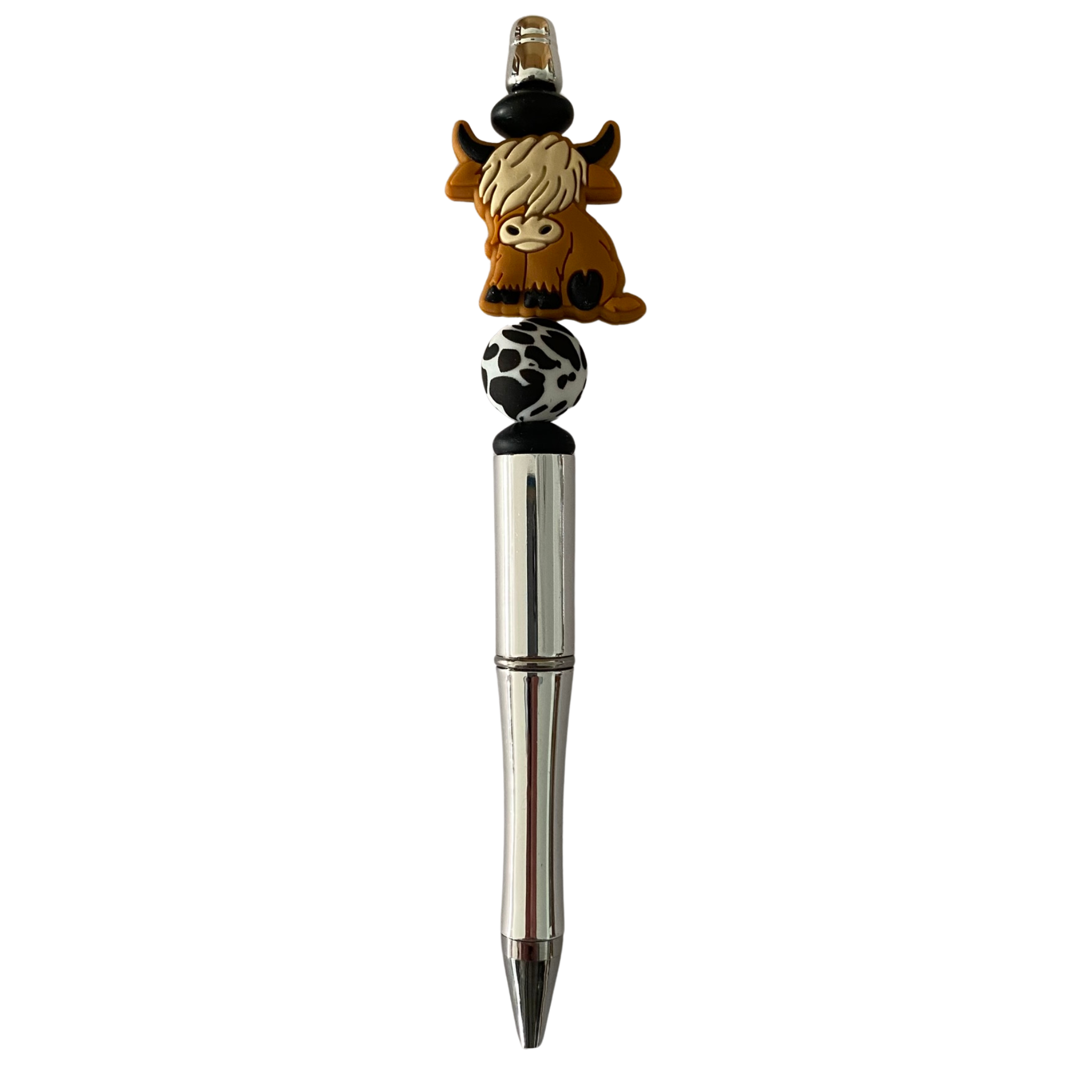 A black ink refillable pen with a Tan Highland Cow silicone bead on top.