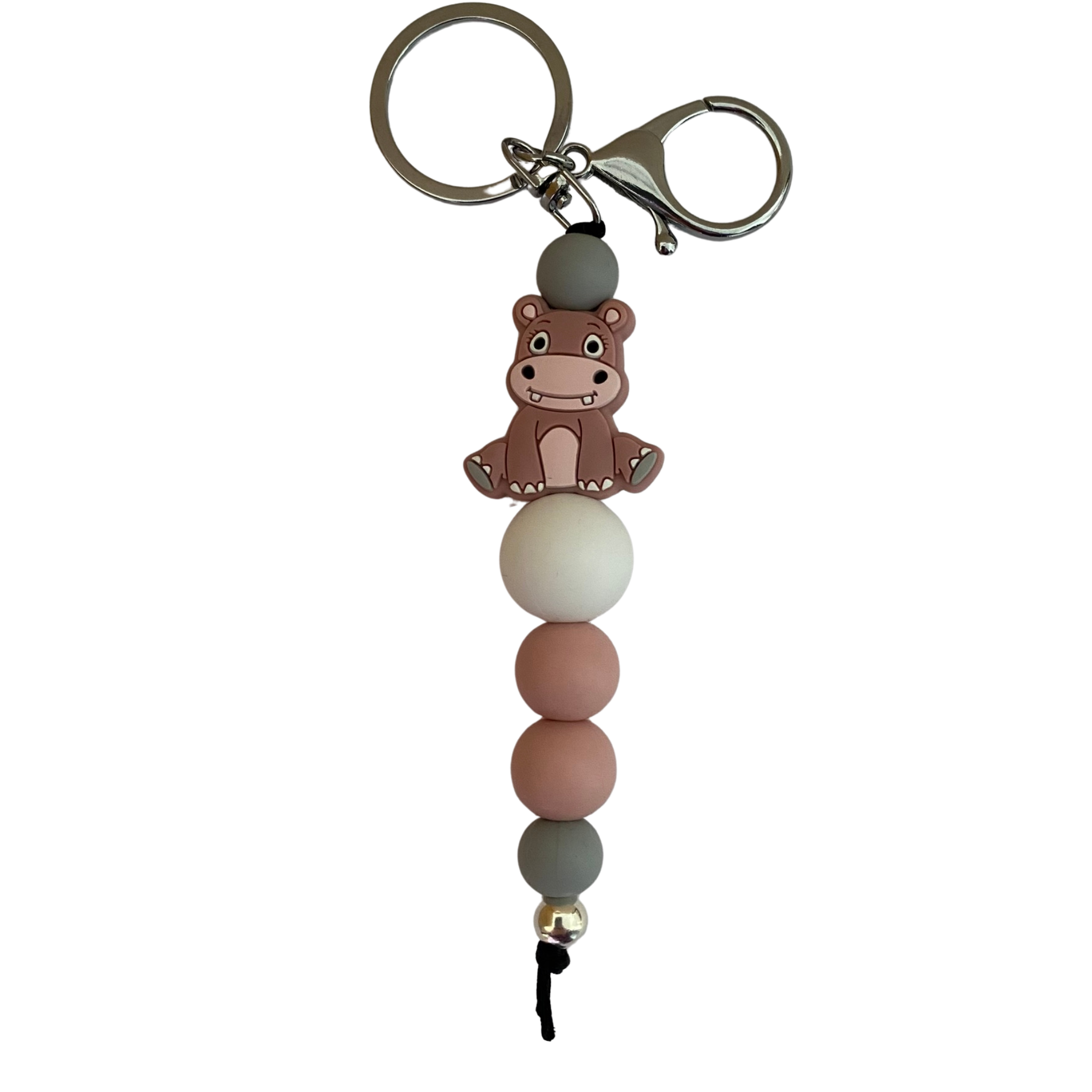 An 18cm keyring featuring a Hippo silicone bead and other round coloured silicone beads.