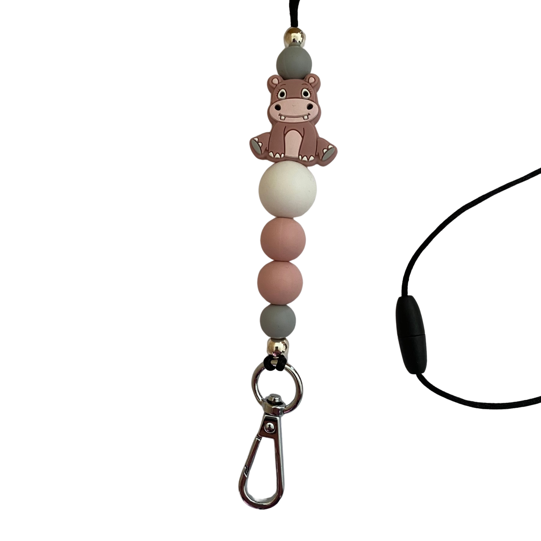 A 60cm lanyard fitted with a safety break away clasp featuring a hippopotamus silicone bead and other coloured round silicone beads.