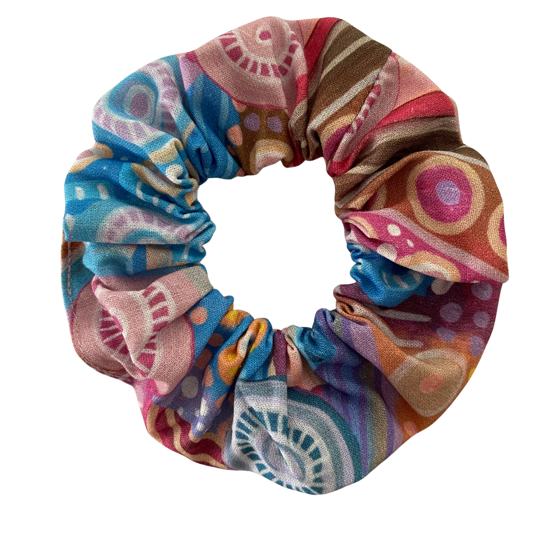 A scrunchie hair tie handmade with fabric by Aboriginal Artist Holly Sanders called Learning On Country.