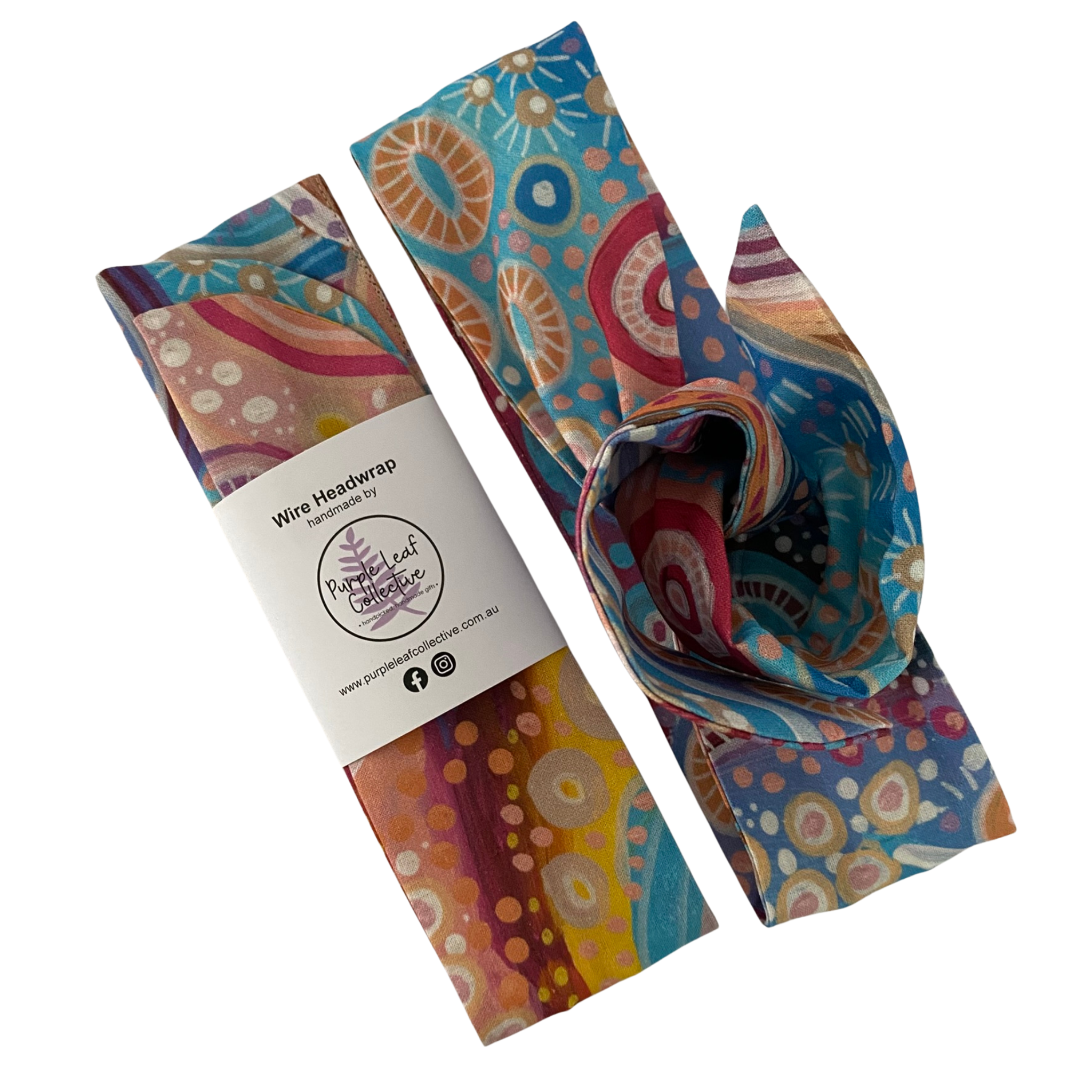 Handmade cotton wire headwrap featuring Learning On Country Aboriginal artwork by Holly Sanders, celebrating learning through connection to Country.