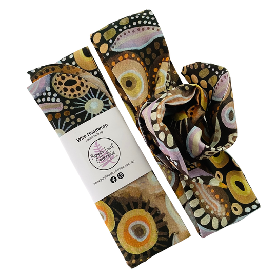 Medicine Country Wire Headwrap with Aboriginal artwork by Holly Sanders. Handmade cotton headwrap inspired by traditional bush medicine and healing plants.