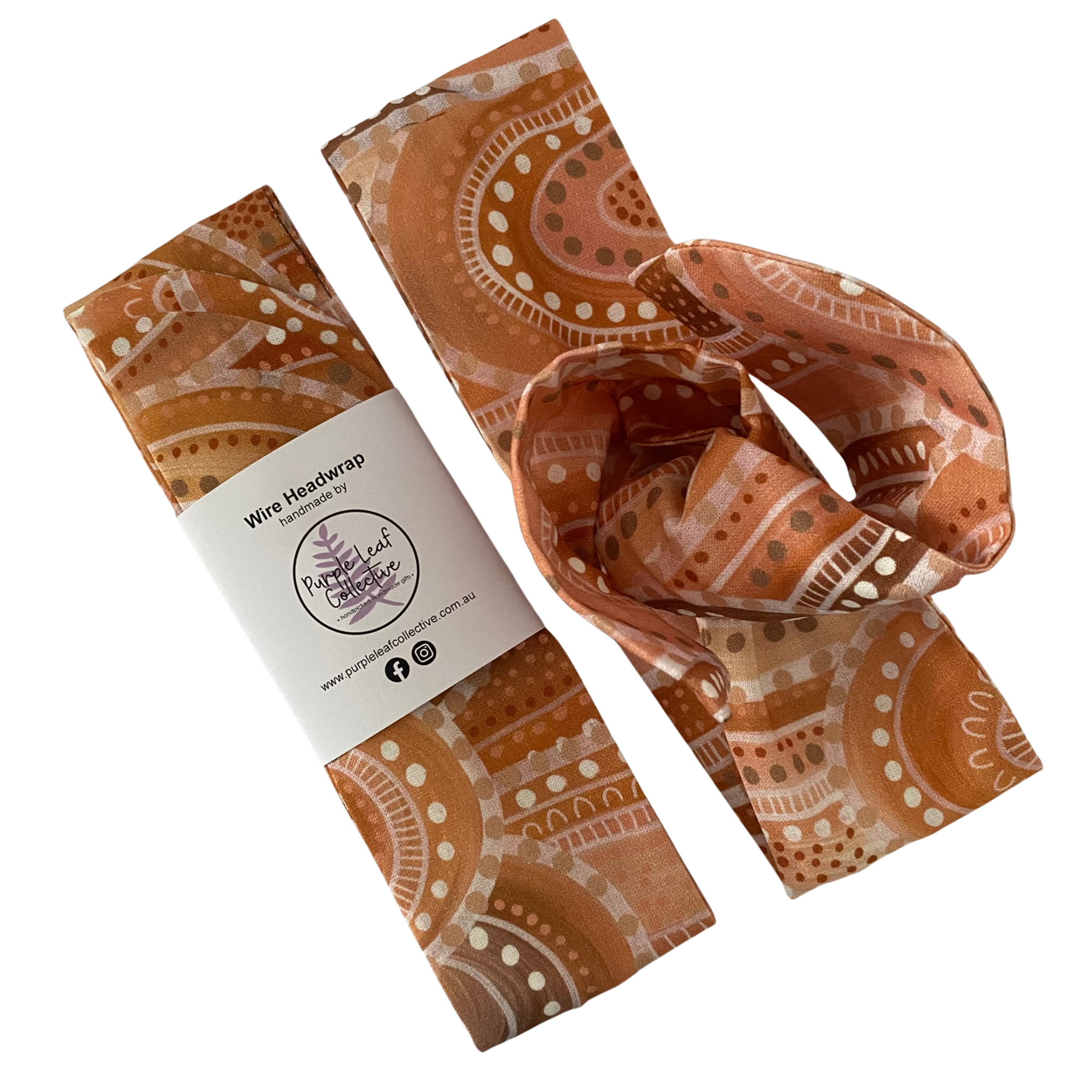 Handmade cotton wire headwrap featuring Sandhills Aboriginal artwork by Holly Sanders. This stunning design captures the warm, golden hues of the sun setting over the sandhills.