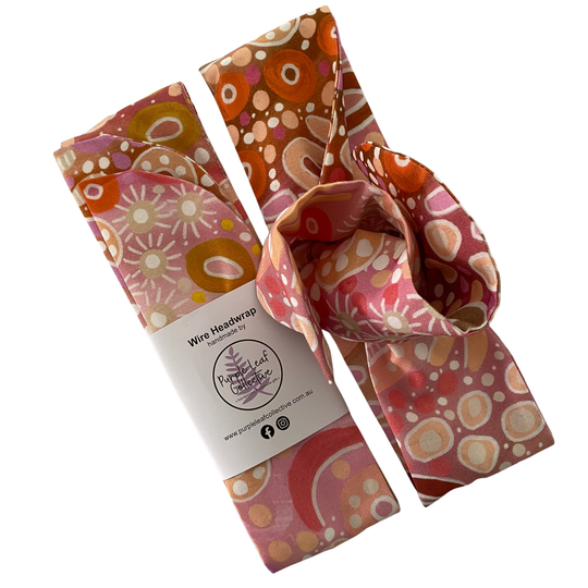 Handmade cotton wire headwrap featuring Women On Country Aboriginal artwork by Holly Sanders, celebrating Indigenous matriarchal strength.