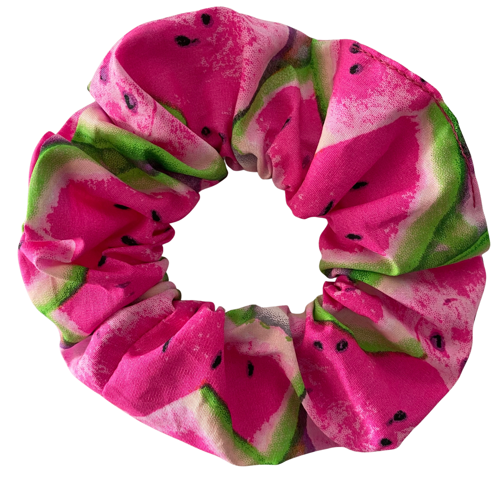 Hot pink and green watermelon patterned scrunchie on a white background.