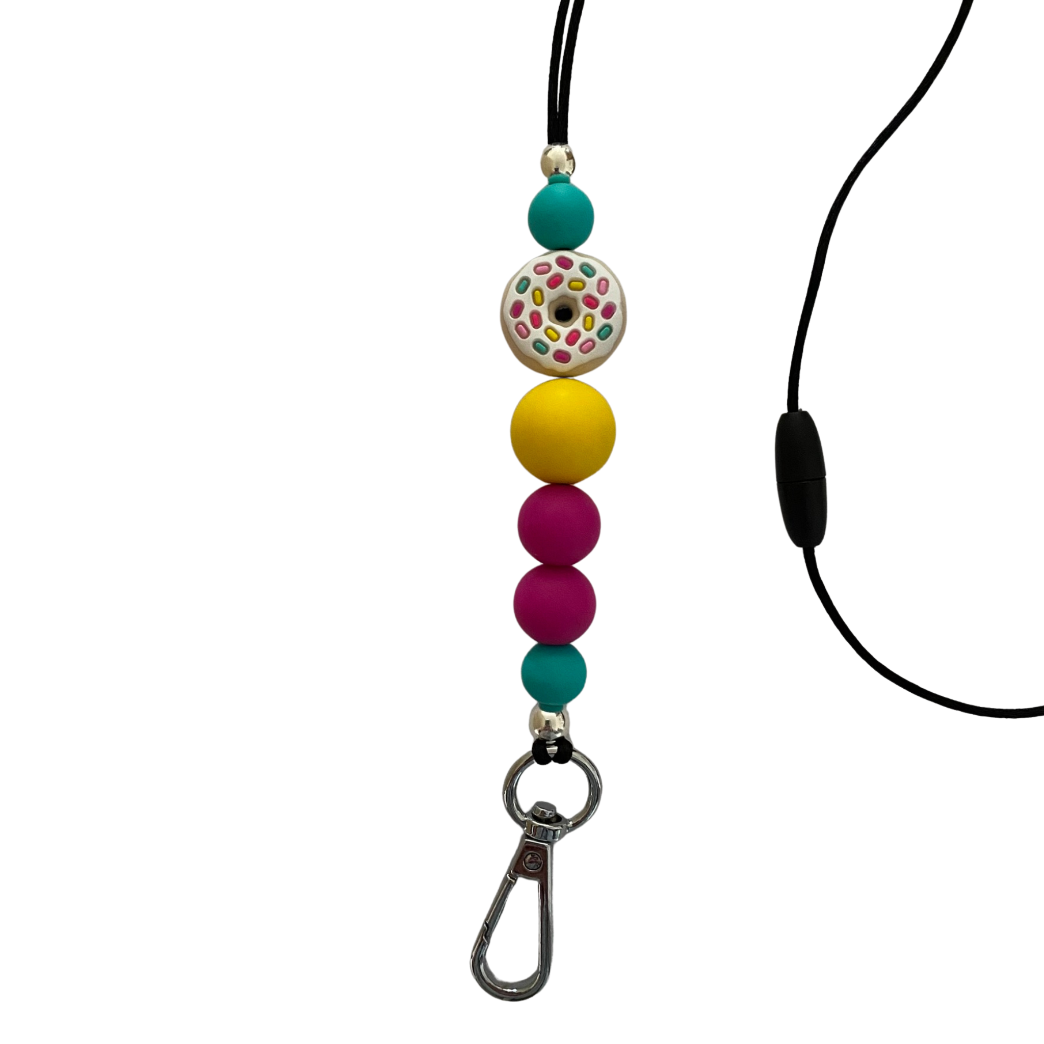 Iced Donut Silicone Lanyard  features an adorable iced donut bead topped with colourful sprinkles, complemented by bright yellow, turquoise, and hot pink silicone beads. 