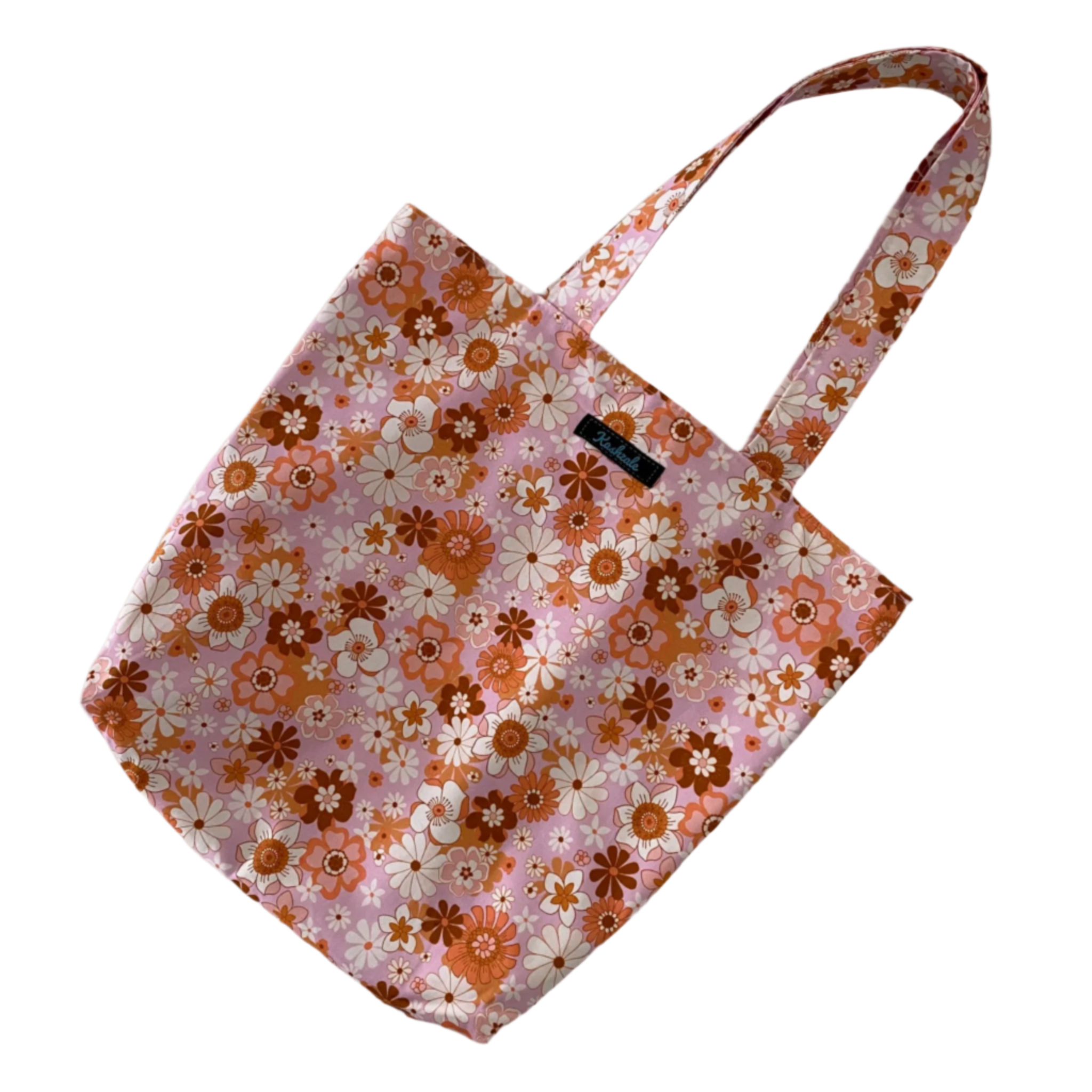 Retro Blooms Pink Blush reversible tote bag, handmade with Jac Slade fabric. Washable, eco-friendly, and perfect for everyday use.