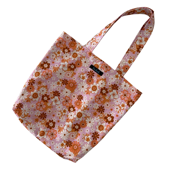 Retro Blooms Pink Blush reversible tote bag, handmade with Jac Slade fabric. Washable, eco-friendly, and perfect for everyday use.