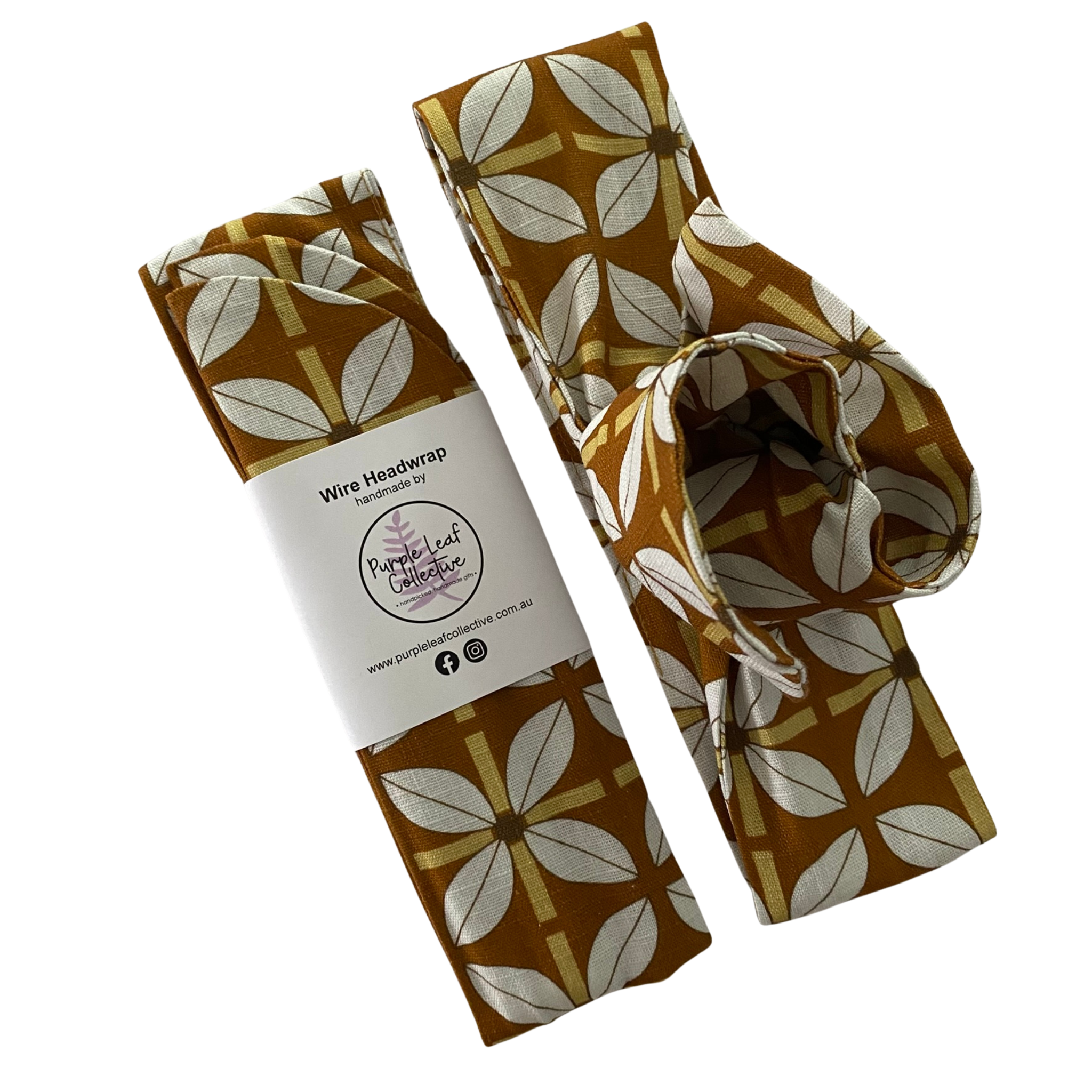 Wire headwrap with rich mustard hues and a botanical leaf print.