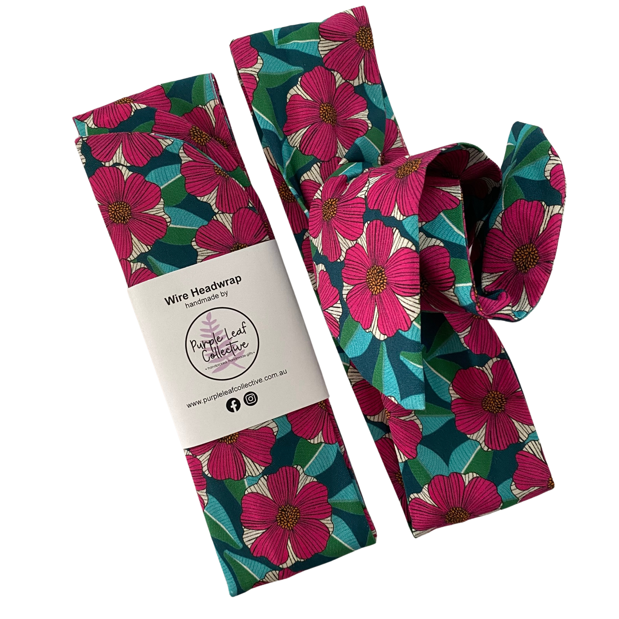 Handmade wire headwrap, headband with deep magenta flowers on a navy blue fabric. Stylish, adjustable, and perfect for all-day wear or hair loss coverage.