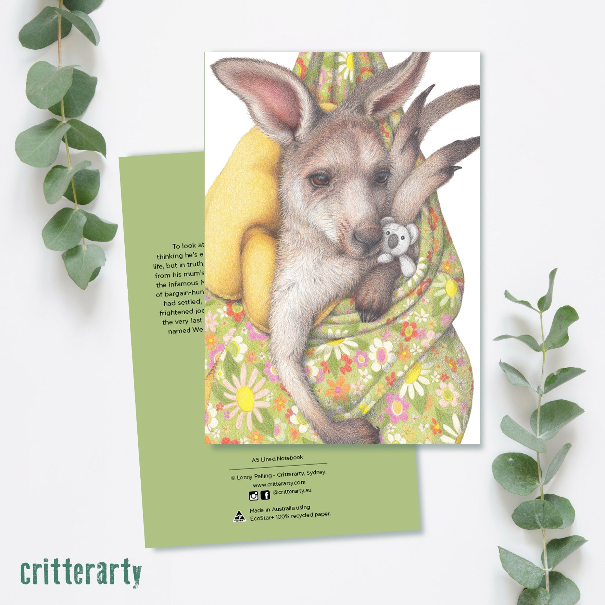 A5 premium lined notebook with 80 pages, luxuriously bound in a silky smooth, full colour cover featuring the Kangaroo with a small teddy bear.